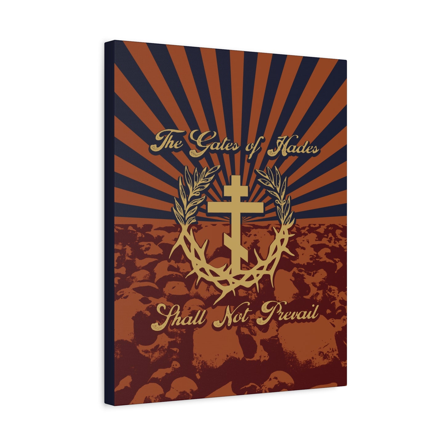 The Gates of Hades Shall Not Prevail | Cross with Wreath & Crown of Thorns | Skulls and Rays | Orthodox Christian Canvas Art