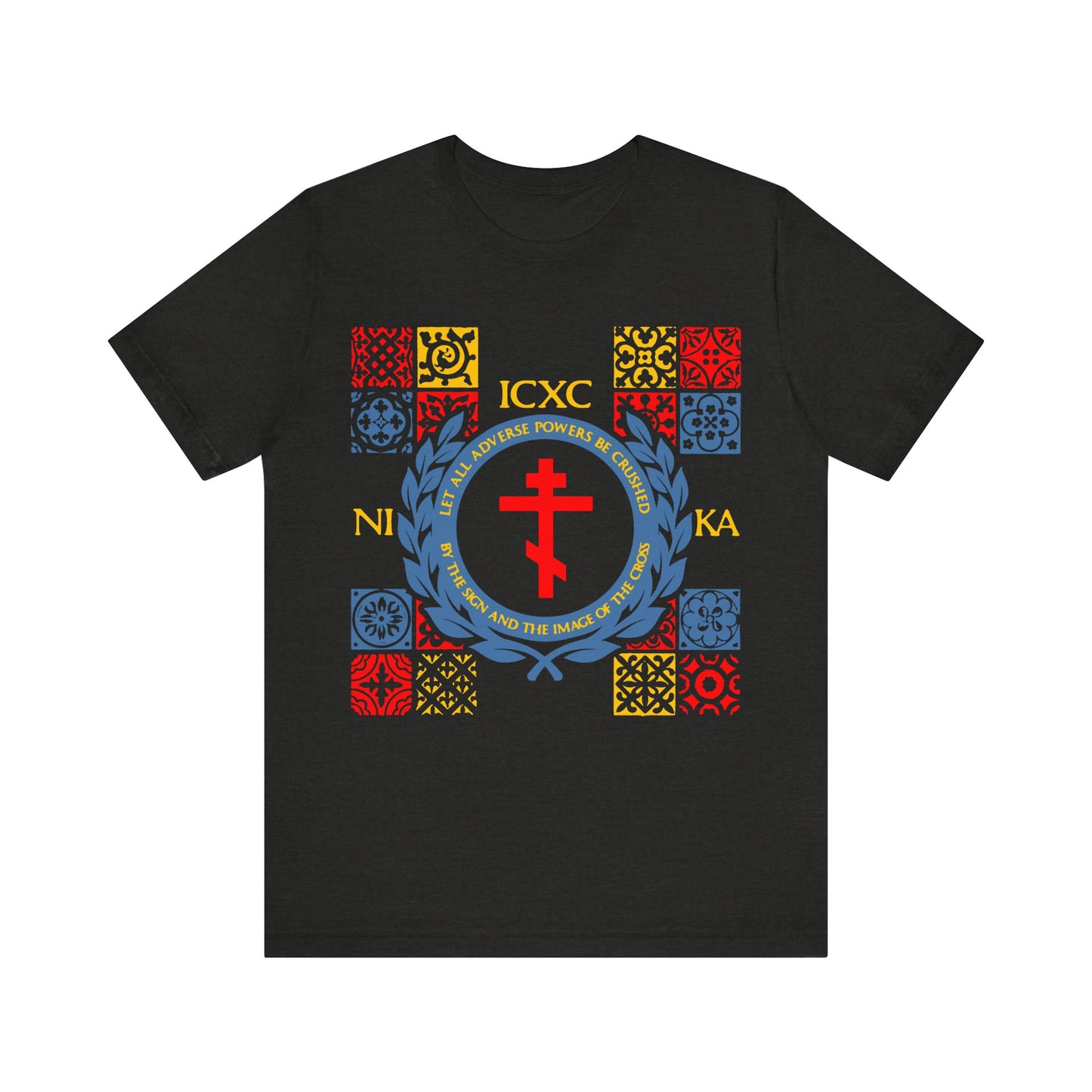 Let All Adverse Powers Be Crushed (Red, Yellow & Blue Design) | ICXC NIKA | Medieval Tile Design | Orthodox Christian T-Shirt