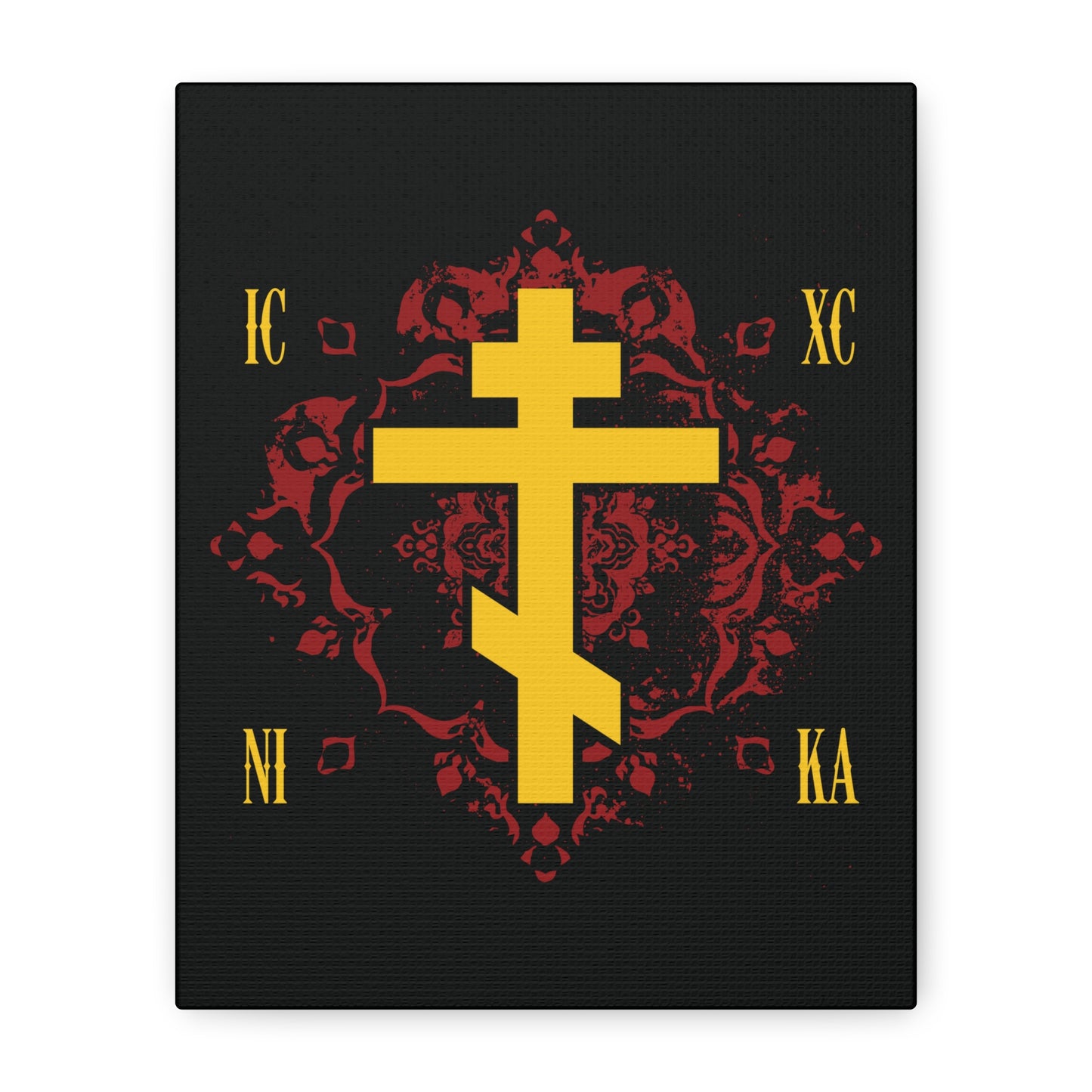The "ICXC NIKA Yellow Russian Cross on Ornate Red Background Design | Jesus Christ Conquers" Orthodox Christian canvas art features a gold cross with IC XC NI KA, symbolizing Christ’s victory, set on a rich red background.