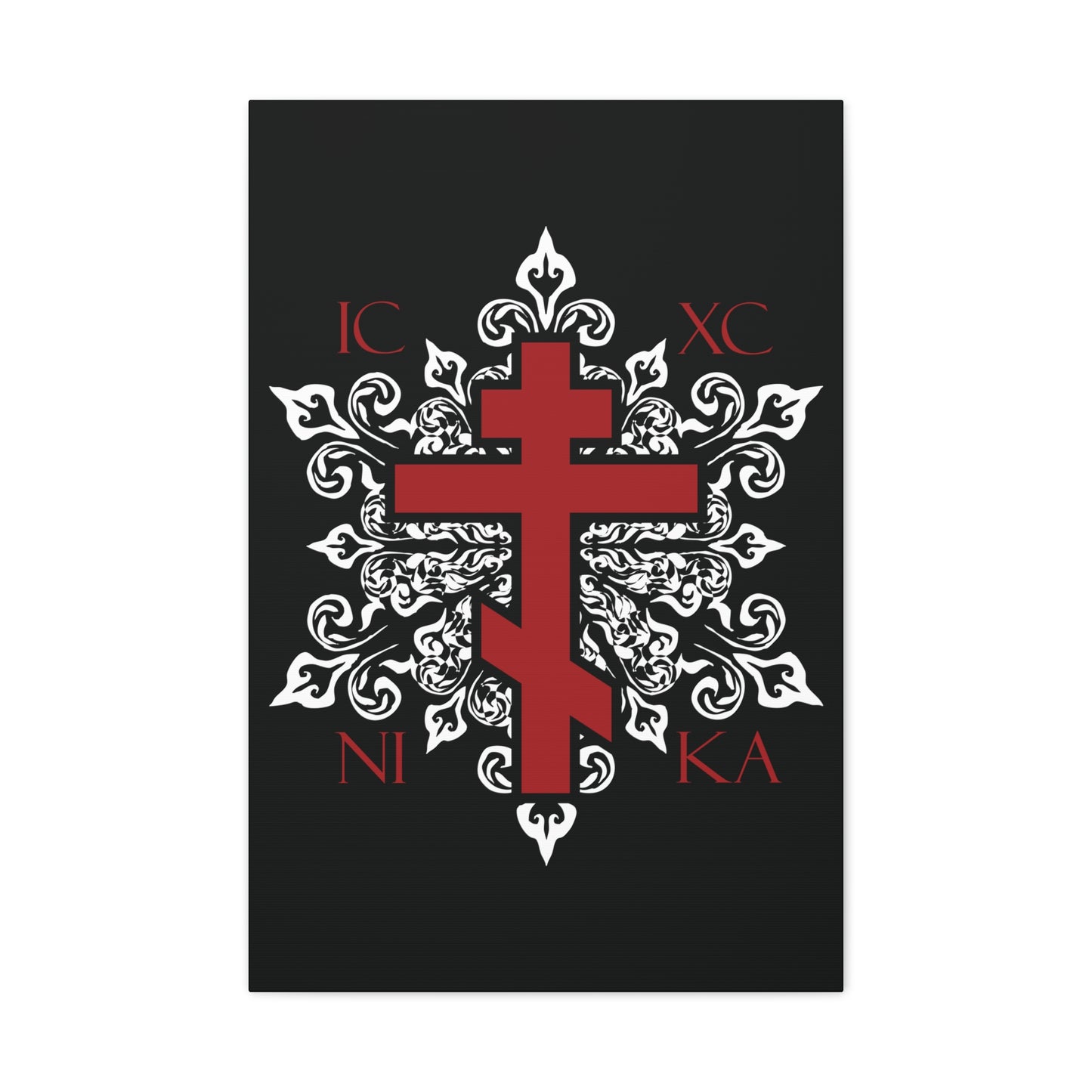 ICXC / NIKA Red Orthodox Cross on Ornate White Medieval Floral Design | Exclusive Best-Selling | Orthodox Christian Canvas Art