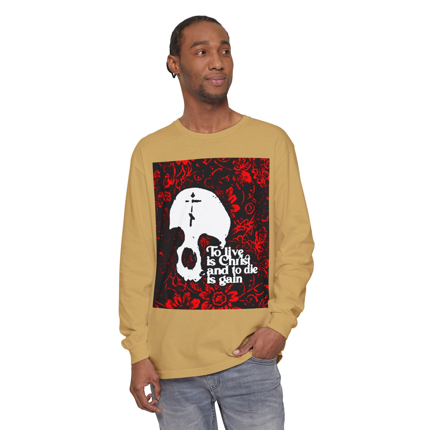 To Live is Christ To Die is Gain (Phil 1:21) | Skull with Cross on Red Floral Texture | Orthodox Christian Long Sleeve Shirt