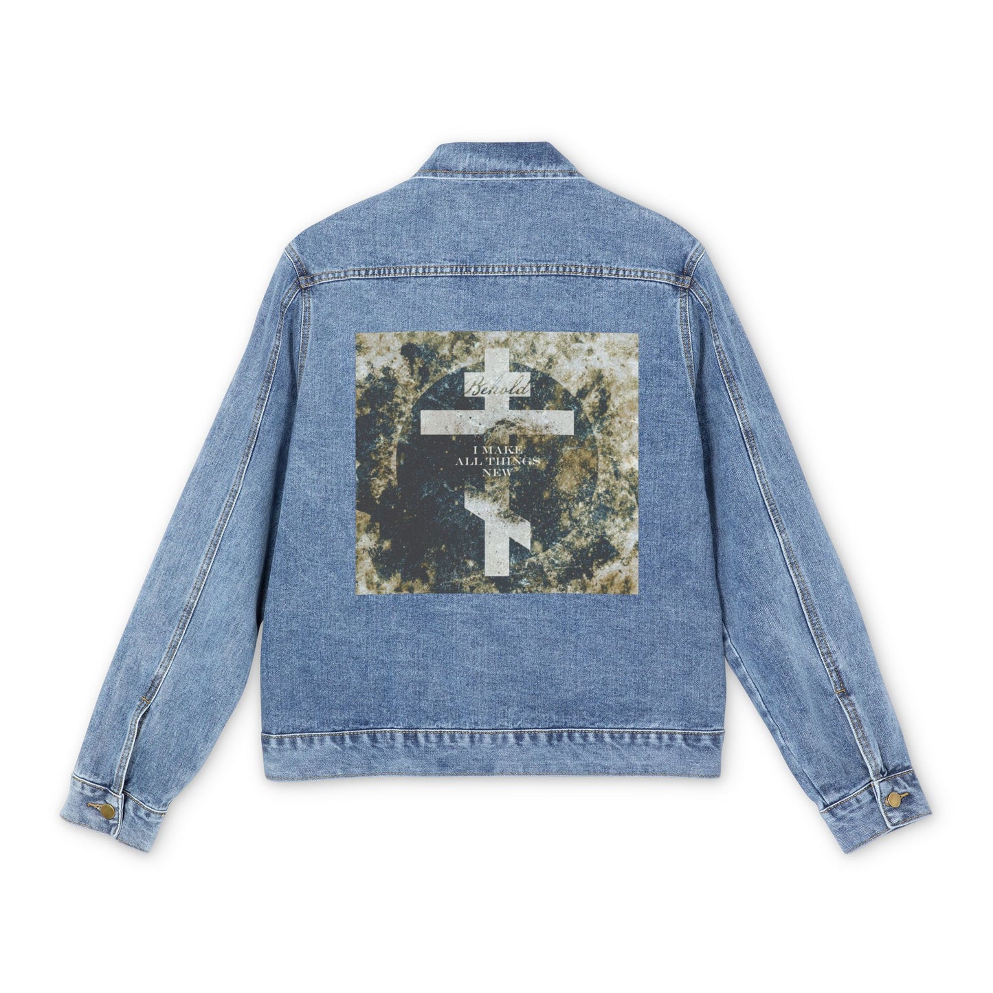 Behold, I Make All Things New | Revelation 21:5 | Cosmic Textured Orthodox Cross | Parousia | Orthodox Christian Blue Denim Jacket