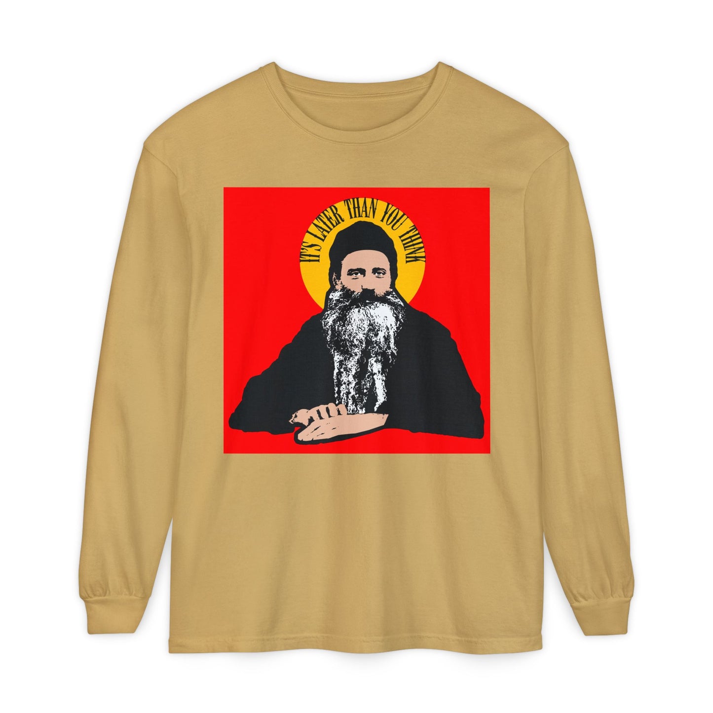 Mustard long-sleeve shirt with "It's Later Than You Think" quote from Fr Seraphim Rose in a yellow halo. Modern American Orthodox Christian saint-inspired design. Orthodox Christian long sleeve.