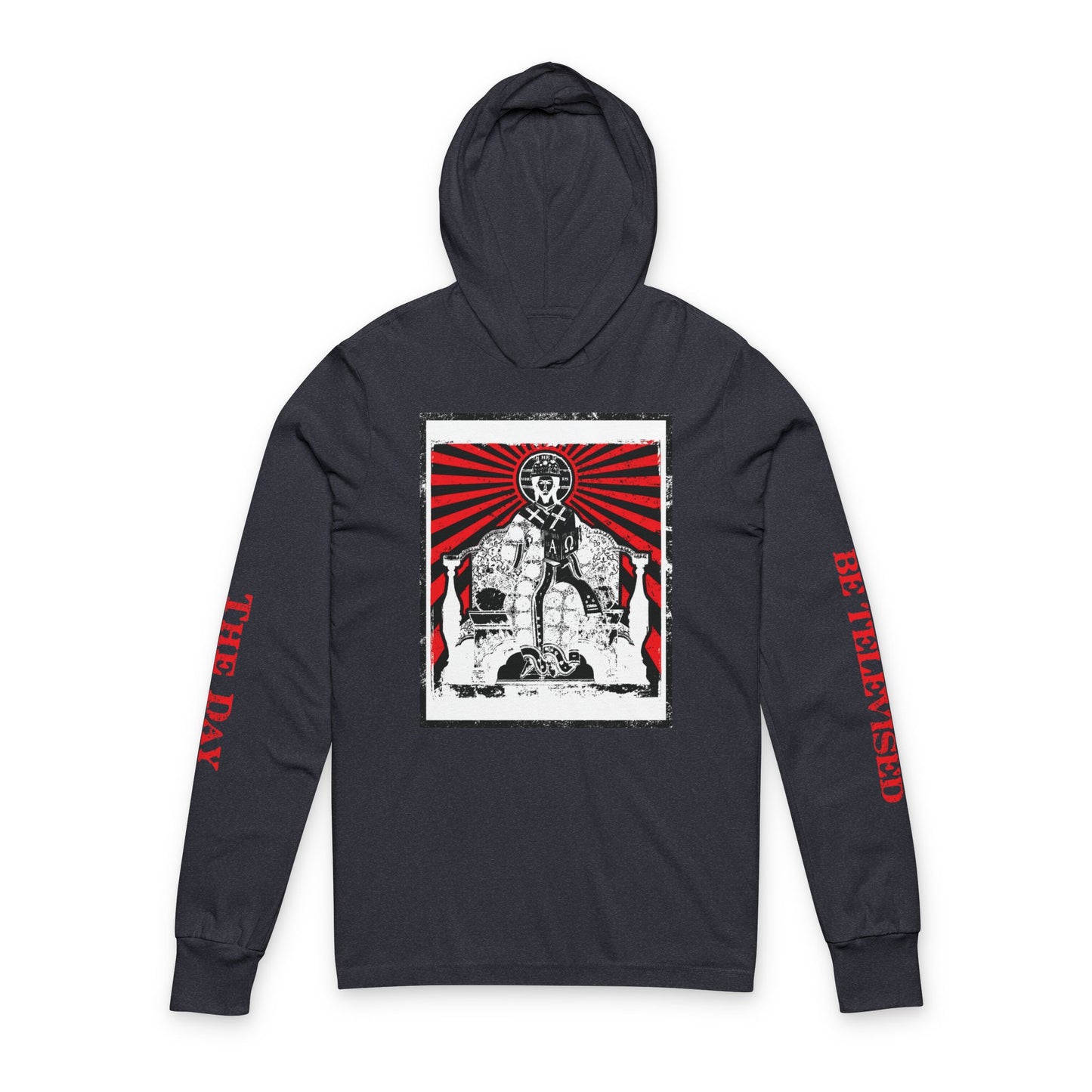 The Day of the Lord Shall Not Be Televised | Jesus Christ Iconographic with Sleeve Text | Revelation | Orthodox Long Sleeve Hooded Shirt