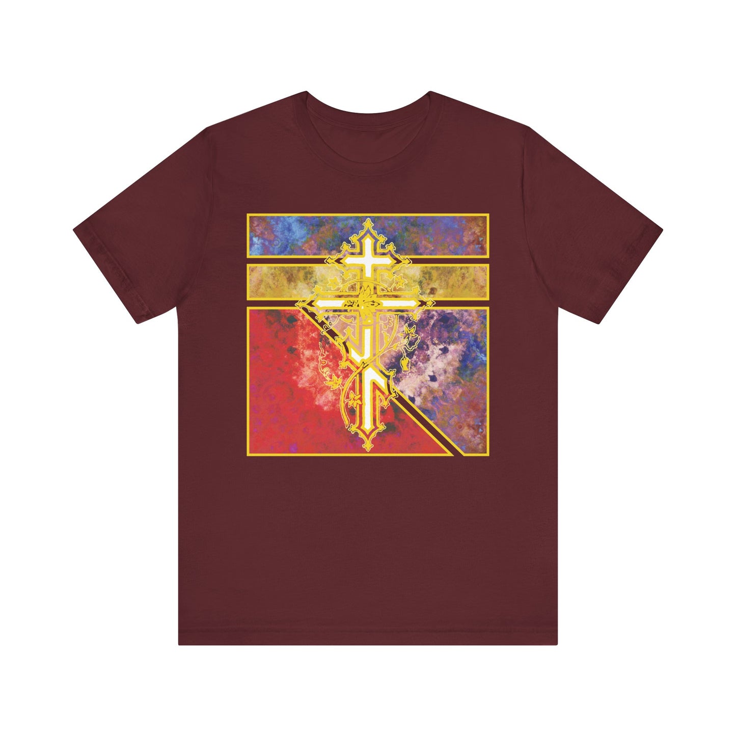 Maroon "Ornate Orthodox Cross with Vine and Textured Geometric Pattern" Christian lightweight cotton unisex t-shirt, featuring a gold life-giving Cross—often invoked in prayer for protection—displayed over a vibrant abstract background in shades of red, purple, and blue.