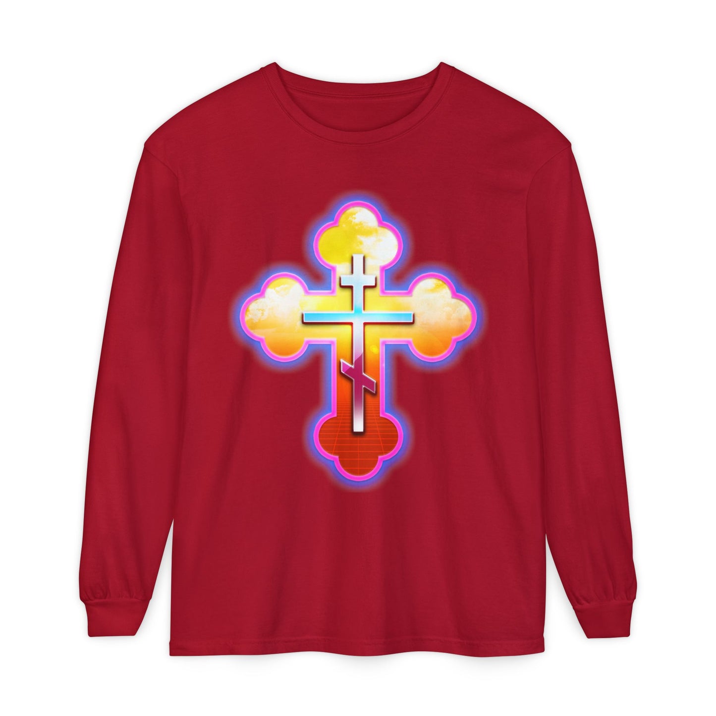 80s Synthwave Retrowave Outrun Aesthetic | Glowing & Reflective Gold & Red Three-Bar Cross | Orthodox Christian Cotton Long Sleeve Shirt