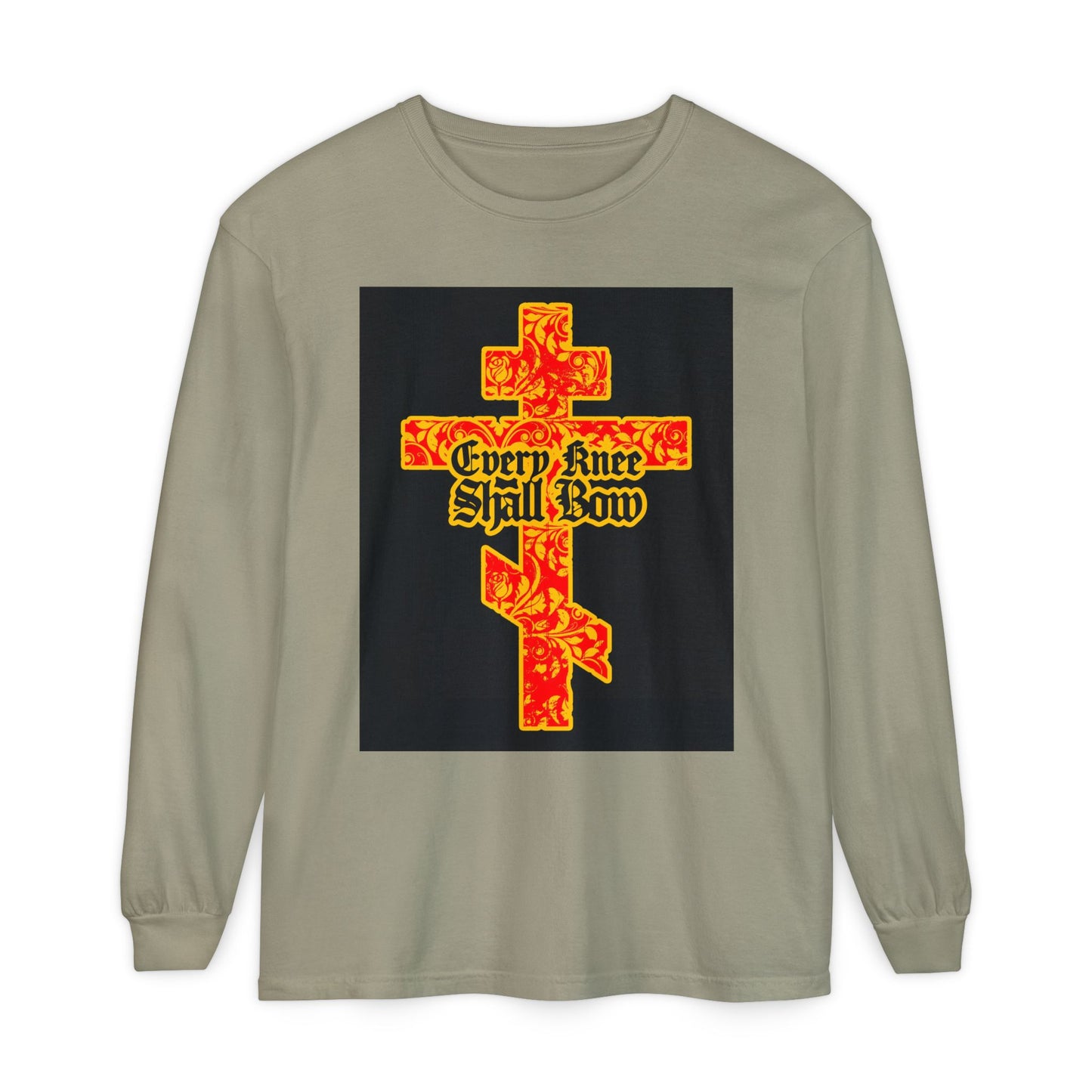 The "Every Knee Shall Bow" Christian long sleeve features a gold and red floral texture Orthodox cross with gothic lettering, inspired by Isaiah 45:22-24 and Philippians 2:7-11.