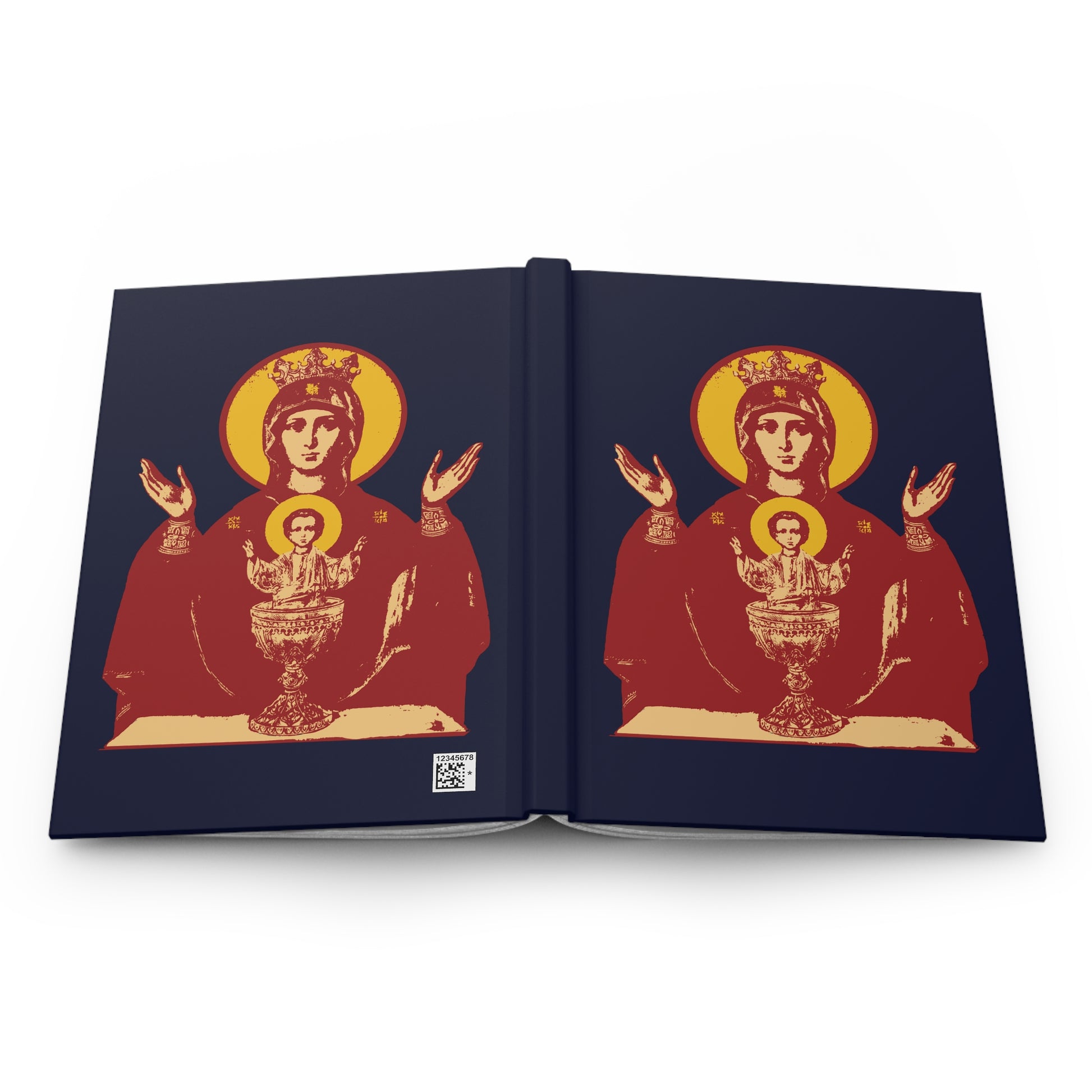 Book cover featuring two mirrored red icons of the Holy Theotokos and Child with gold halos on a dark background, inspired by the Inexhaustible Chalice Icon—Deliverer from Addictions. Orthodox Christian Blank Journal.