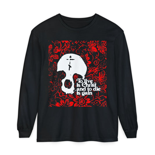 To Live is Christ To Die is Gain (Phil 1:21) | Skull with Cross on Red Floral Texture | Orthodox Christian Long Sleeve Shirt