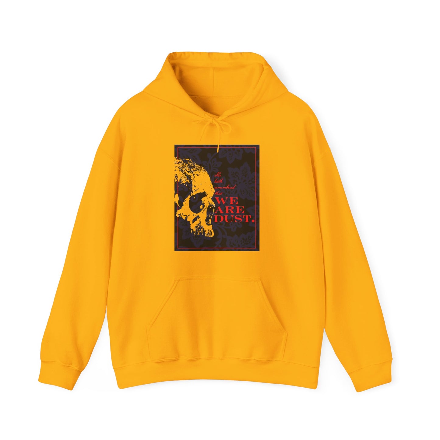 Gold hoodie with yellow skull on blue floral background, red "WE ARE DUST." text, inspired by Ps. 102/103 LXX. Orthodox Christian, memento mori, gothic style.