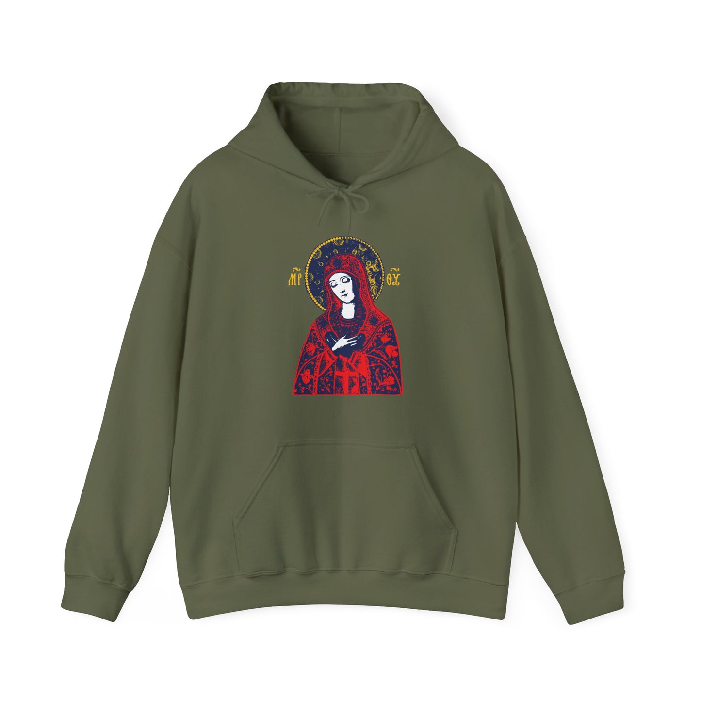Joy of All Joys Tenderness Theotokos Iconographic Based on Traditional Orthodox Iconography | Bright Red Design | Orthodox Christian Hoodie