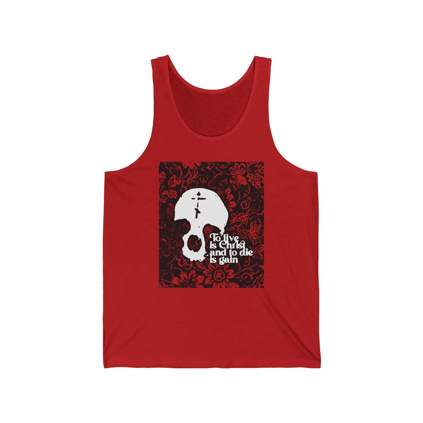 To Live is Christ To Die is Gain (Phil 1:21) | Skull with Cross on Red Floral Texture | Orthodox Christian Jersey Tank Top / Sleeveless Shirt
