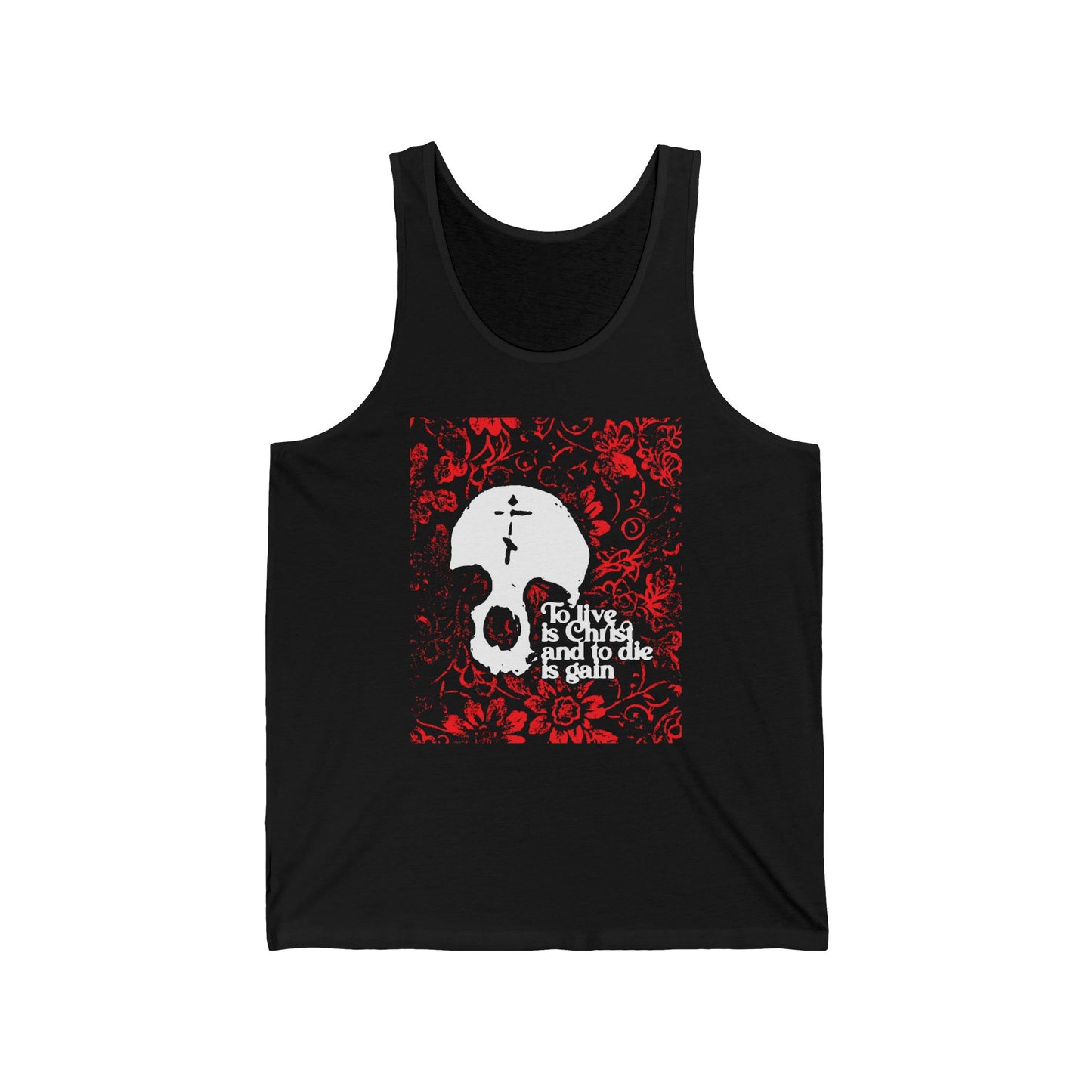 To Live is Christ To Die is Gain (Phil 1:21) | Skull with Cross on Red Floral Texture | Orthodox Christian Jersey Tank Top / Sleeveless Shirt