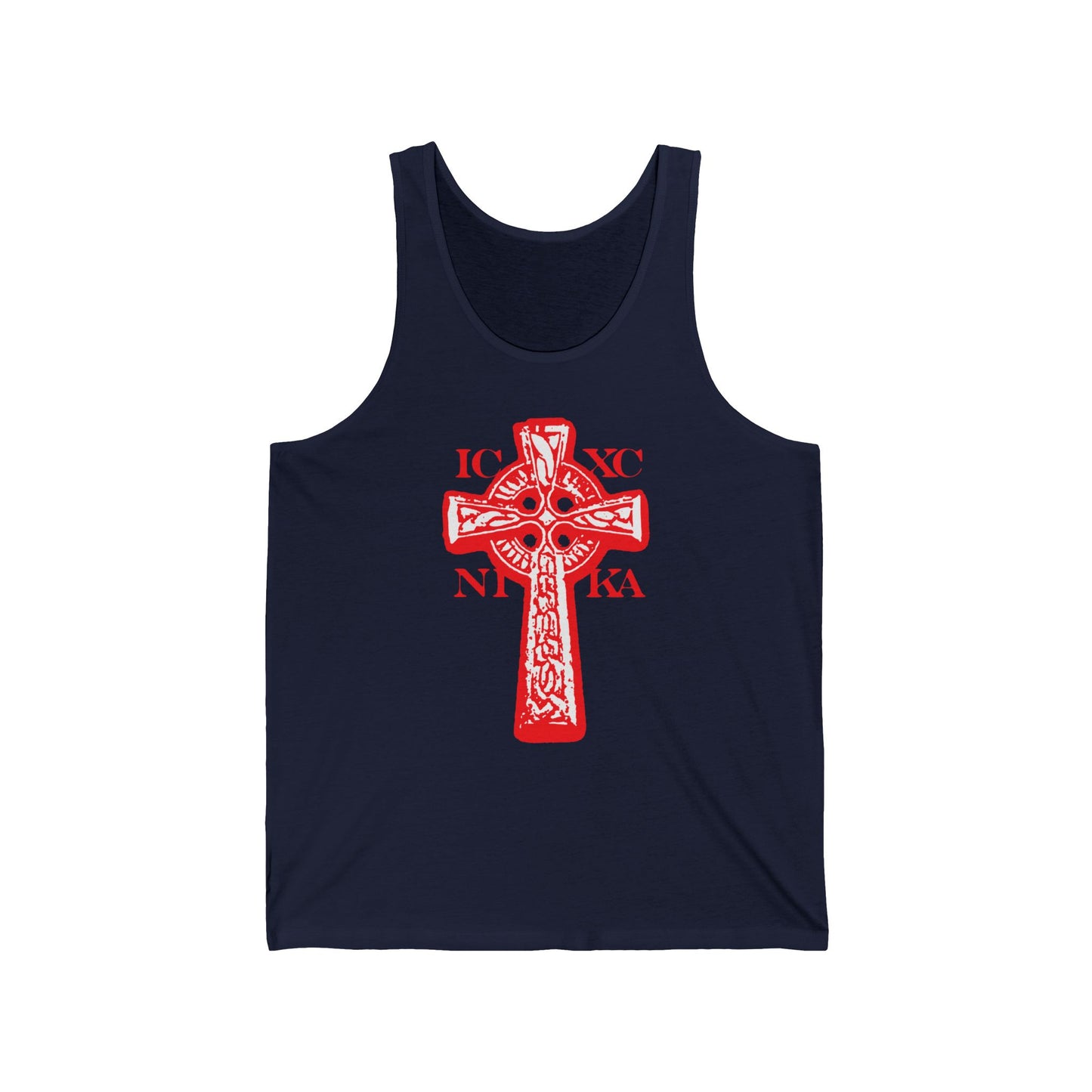 Navy ICXC NIKA Celtic Knotwork Cross tank top with black and white cross on a red background, featuring "Jesus Christ Conquers" in Greek, symbolizing Orthodox Christian faith and salvation.