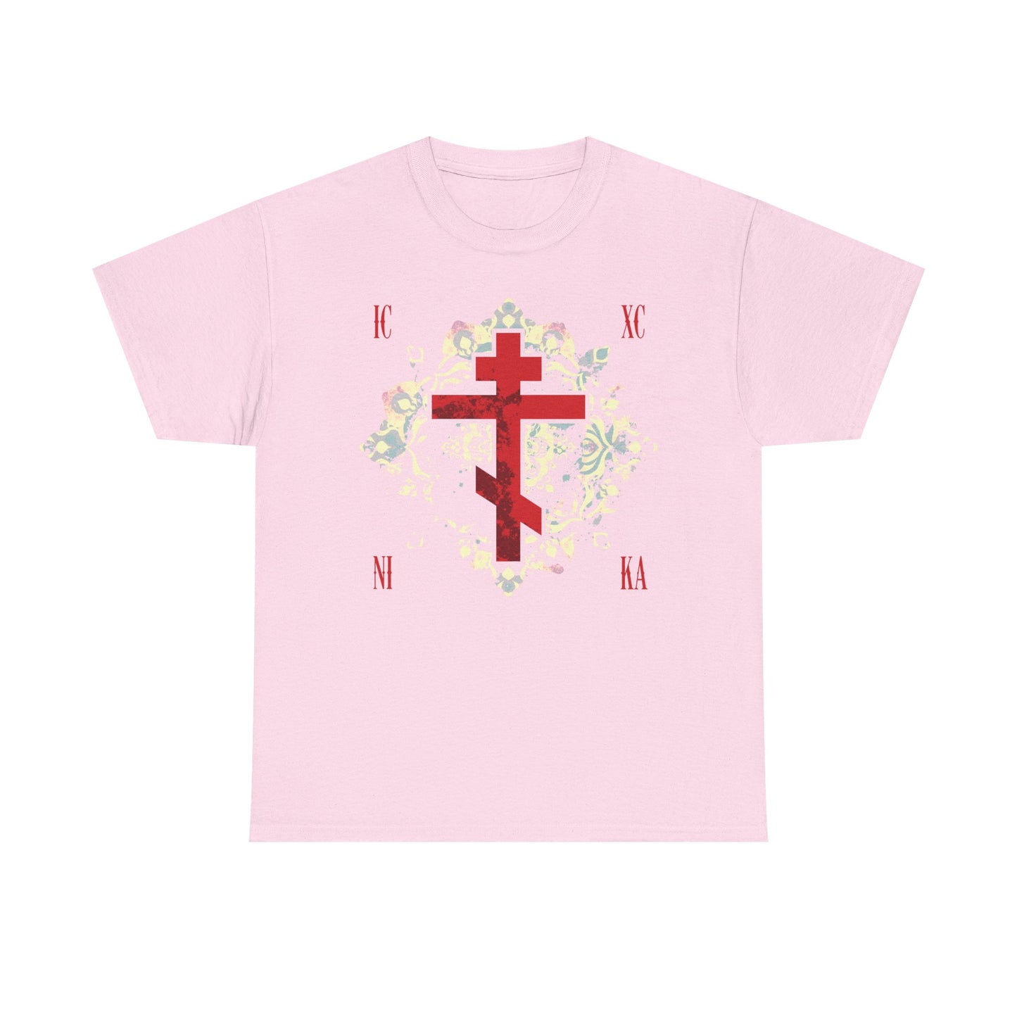 ICXC NIKA | Jesus Christ Conquers | Textured Red Orthodox Cross w/ Medieval Floral Background | Orthodox Midweight Cotton Unisex Tee