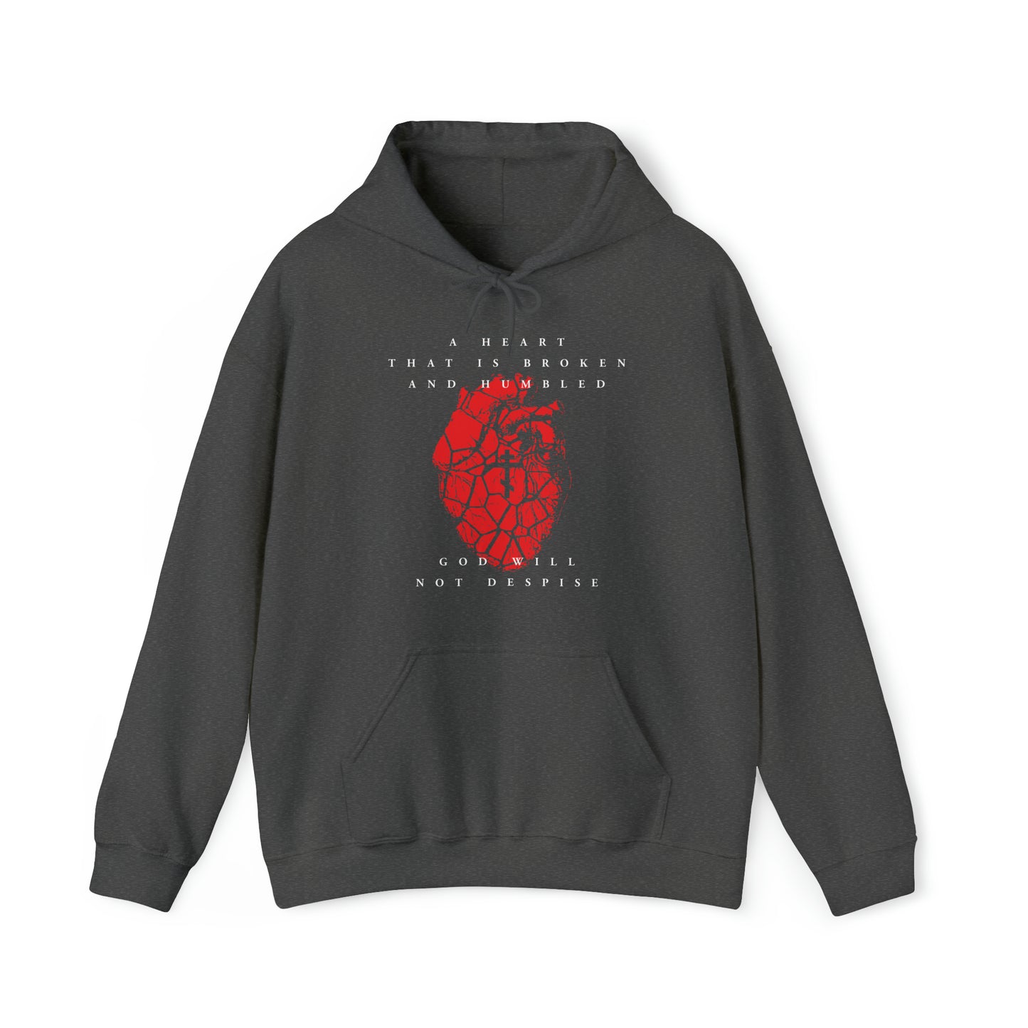 A Heart That is Broken and Humbled God Will Not Despise (Psalm 50/51) | Three-Bar Cross on Red Fractured Heart | Orthodox Christian Hoodie / Hooded Sweatshirt-Dark Heather-S-Remembrance of Death