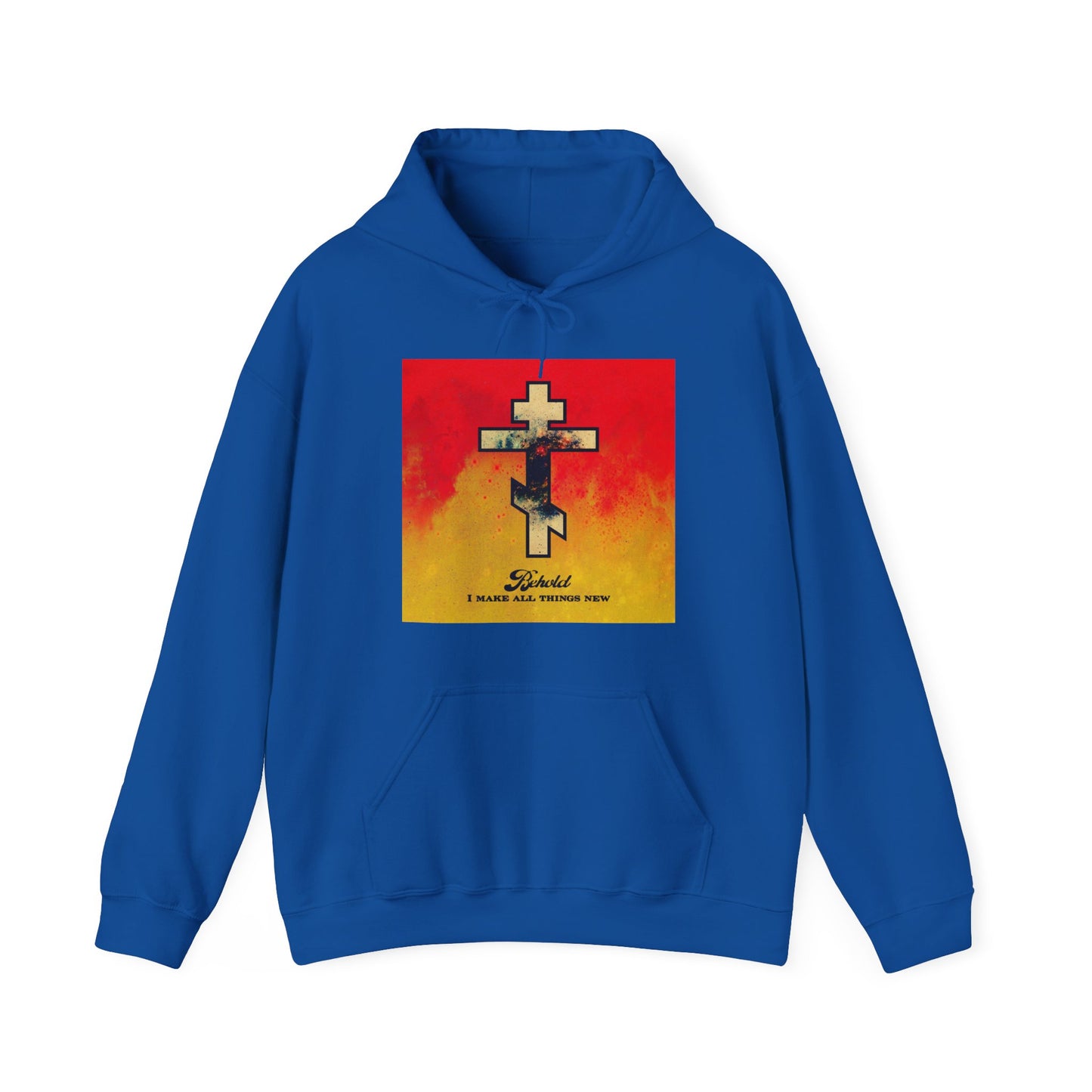 Behold, I Make All Things New (Rev 21:5) | Cosmic Orthodox Cross on Red and Yellow Background | Orthodox Christian Hoodie / Hooded Sweatshirt