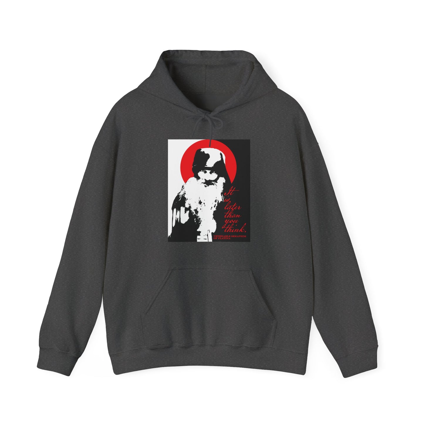 The Remembrance of Death "It's Later Than You Think" hoodie features Fr Seraphim Rose in black, white, and red high-contrast design with the phrase “Life is better than you think,” inspired by Orthodox spiritual life.