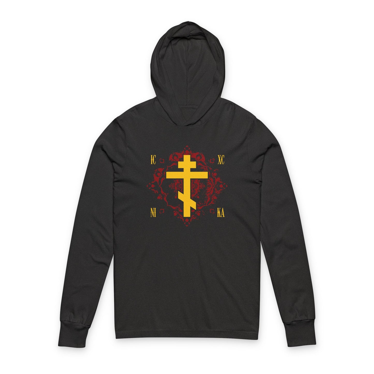 ICXC NIKA Yellow Russian Cross on Ornate Red Background Design | Jesus Christ Conquers | Orthodox Long Sleeve Hooded Shirt