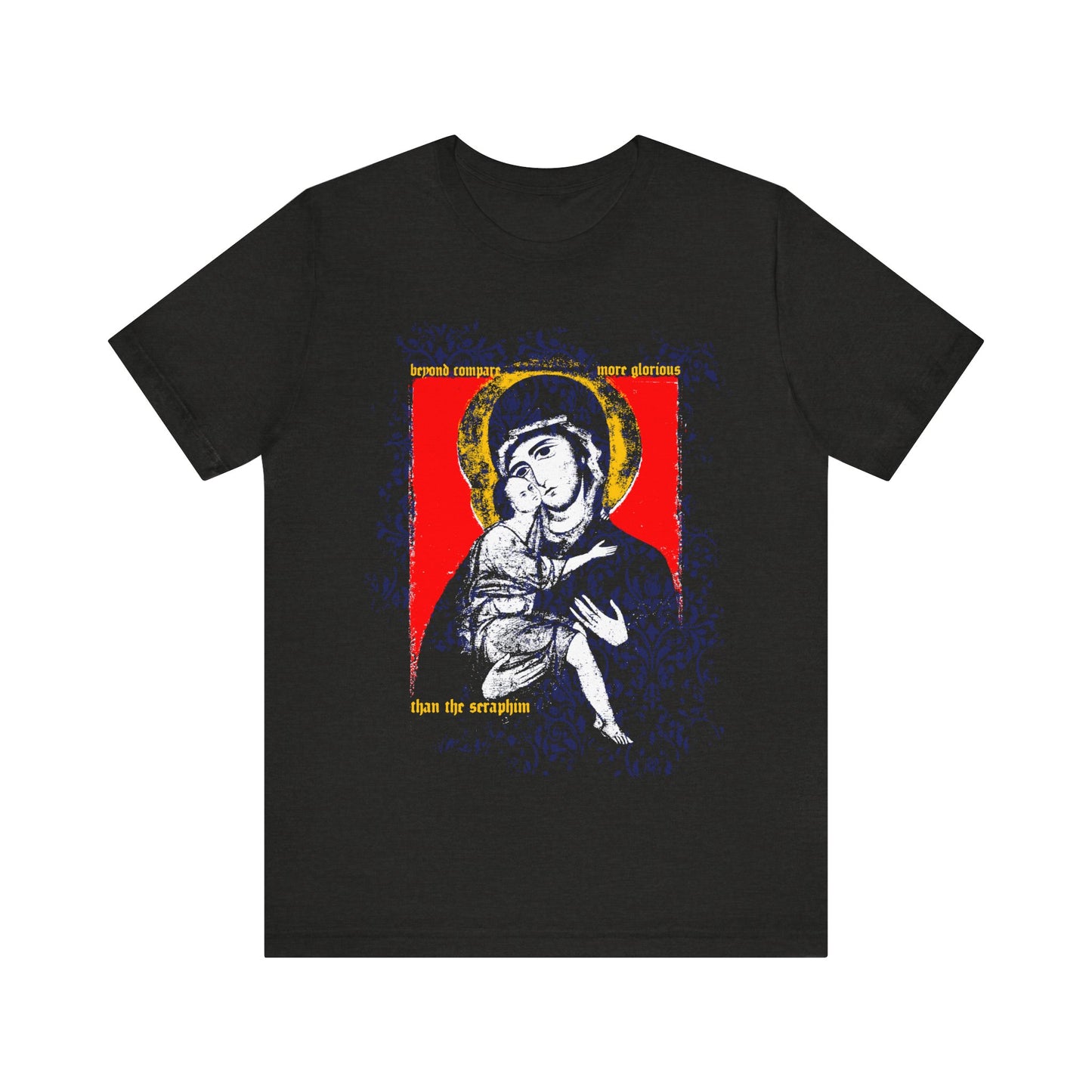 Black Heather t-shirt with "Beyond Compare More Glorious Than the Seraphim" design, featuring Vladimir Theotokos iconography with Jesus, gold halos, and yellow text—perfect for Orthodox Christian celebrations.