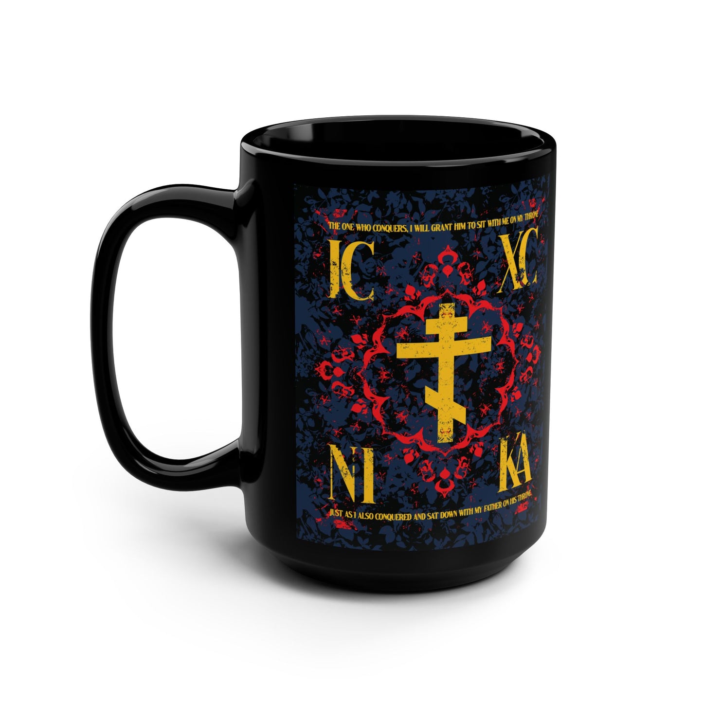 IC XC NIKA Orthodox Cross | Medieval Floral Design | The One Who Conquers (Revelation 3:21) | Orthodox Christian Black Mug