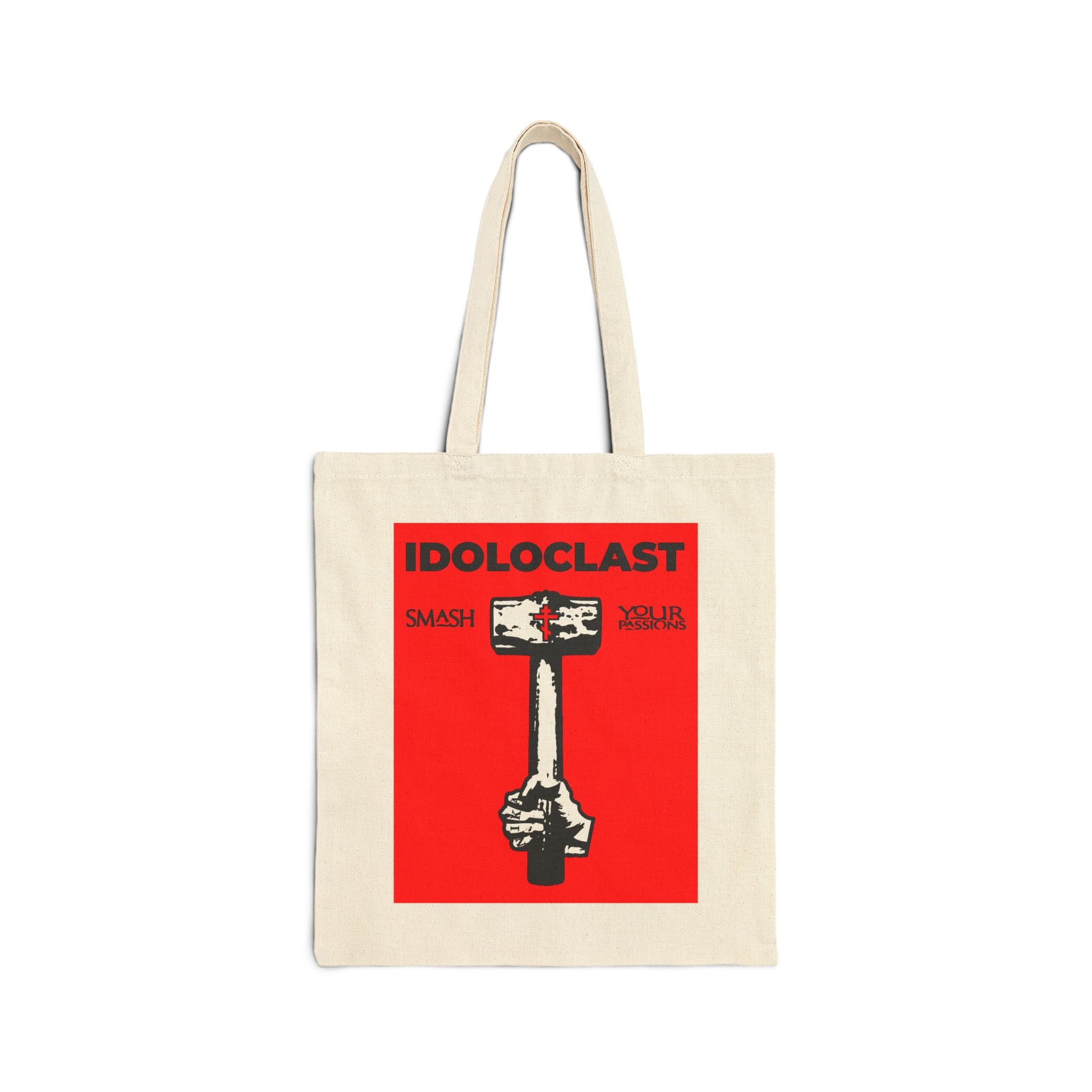 Natural cotton tote bag featuring the Idoloclast Idol-Smasher: a red Jesus NIKA fist with sledgehammer and "Smash Your Passions" graphic, inspired by Orthodox Christian themes.
