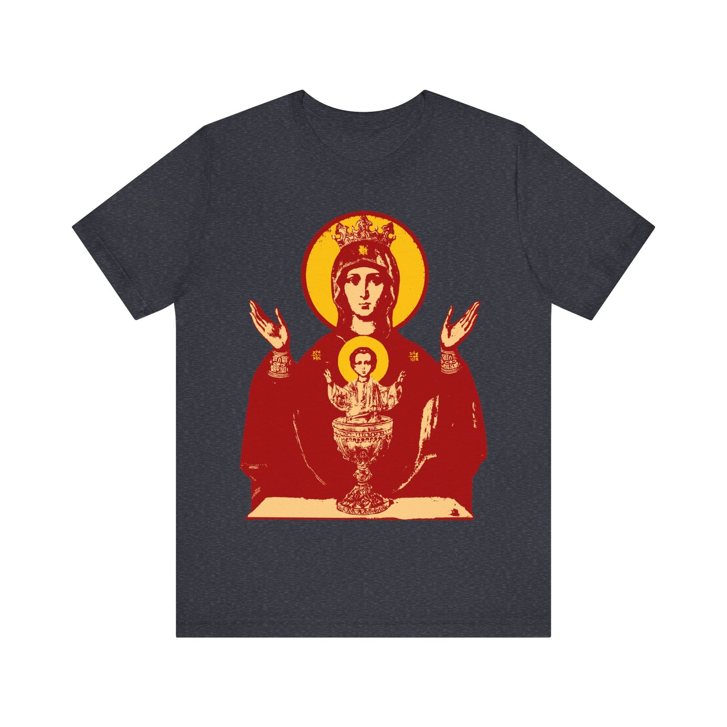 Heather Navy Orthodox Christian T-shirt featuring a red and yellow icon-style image of the Holy Theotokos "Inexhaustible Chalice," symbolizing deliverance from addictions and conquering passions.