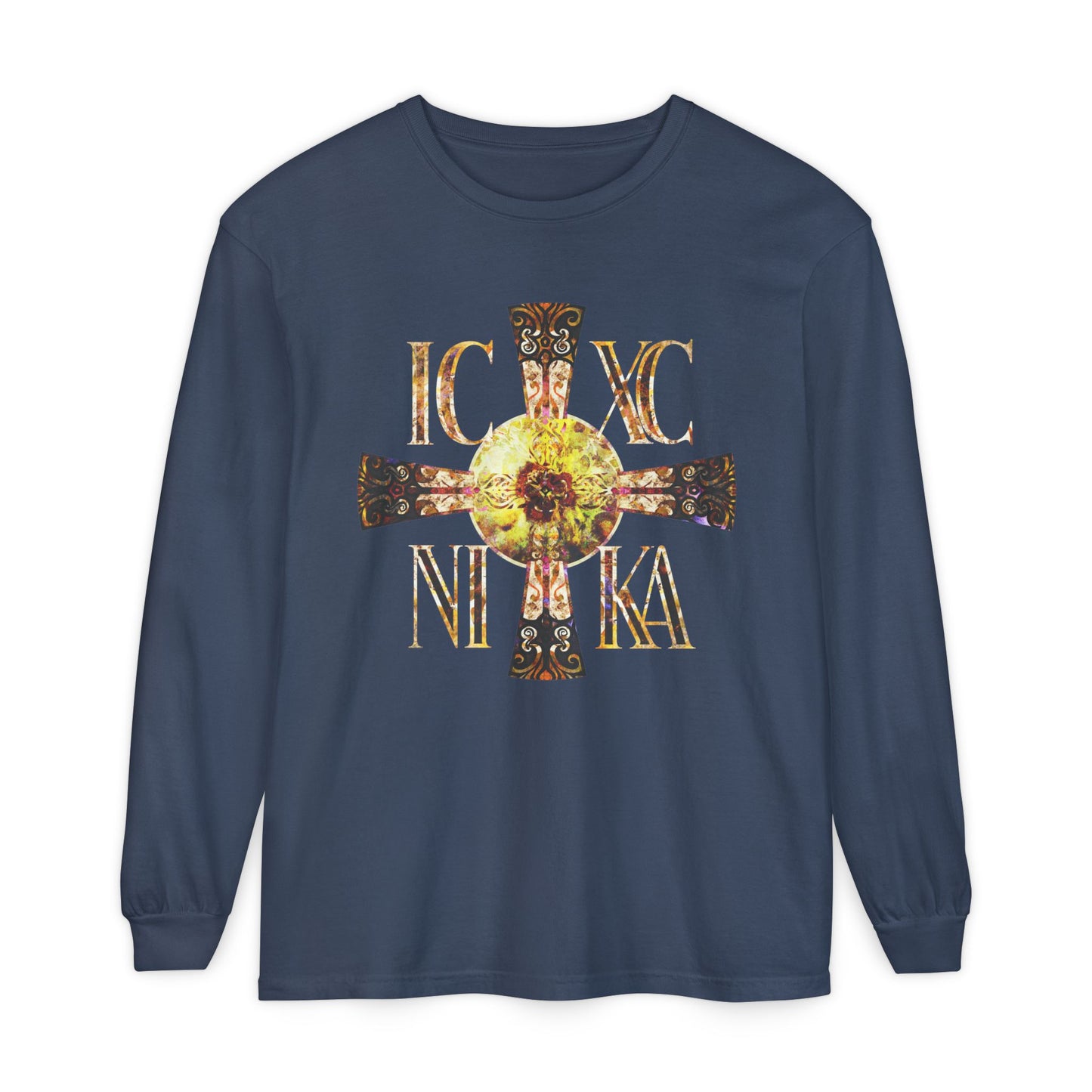 ICXC NIKA Celtic Style Equal Armed Cross | Bright Solar Texture | Orthodox Christian Long Sleeve Shirt