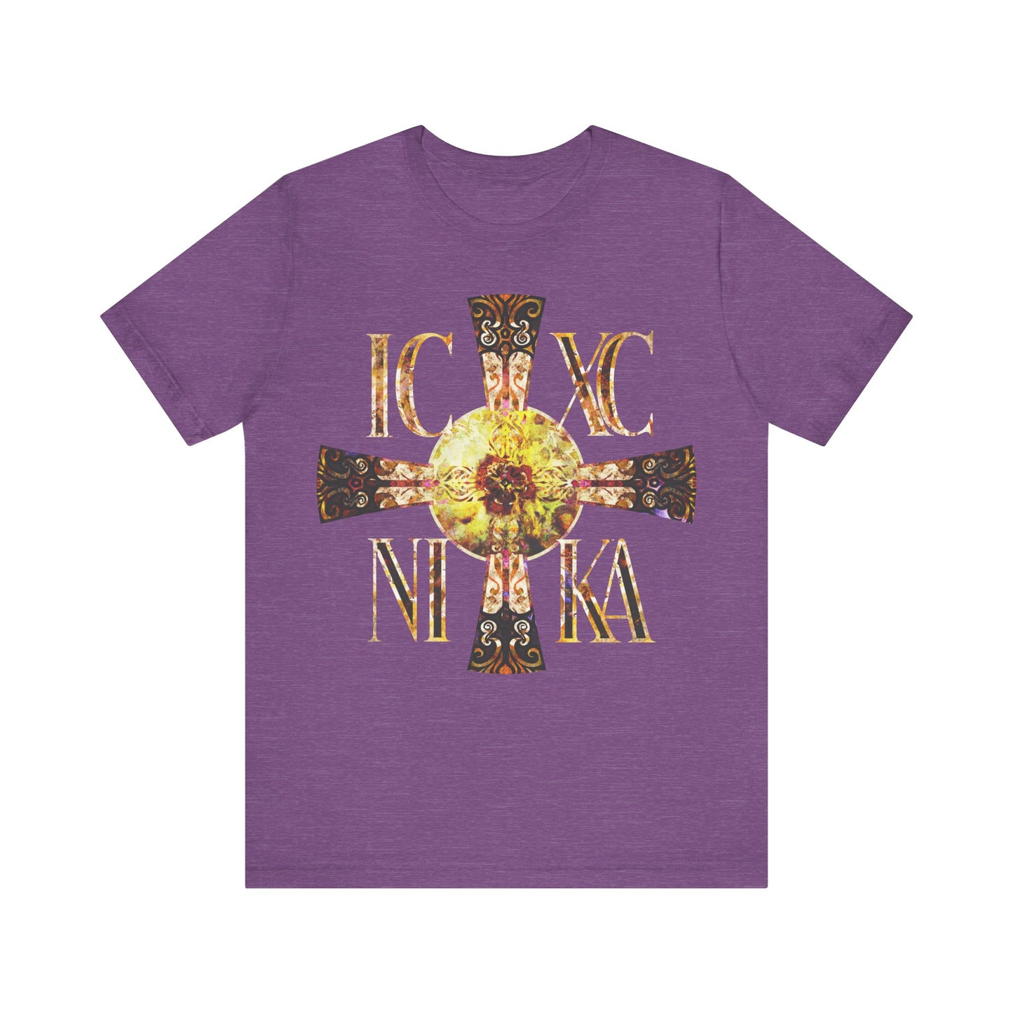 ICXC NIKA Celtic Style Equal Armed Cross | Bright Solar Texture | Orthodox Christian T-Shirt