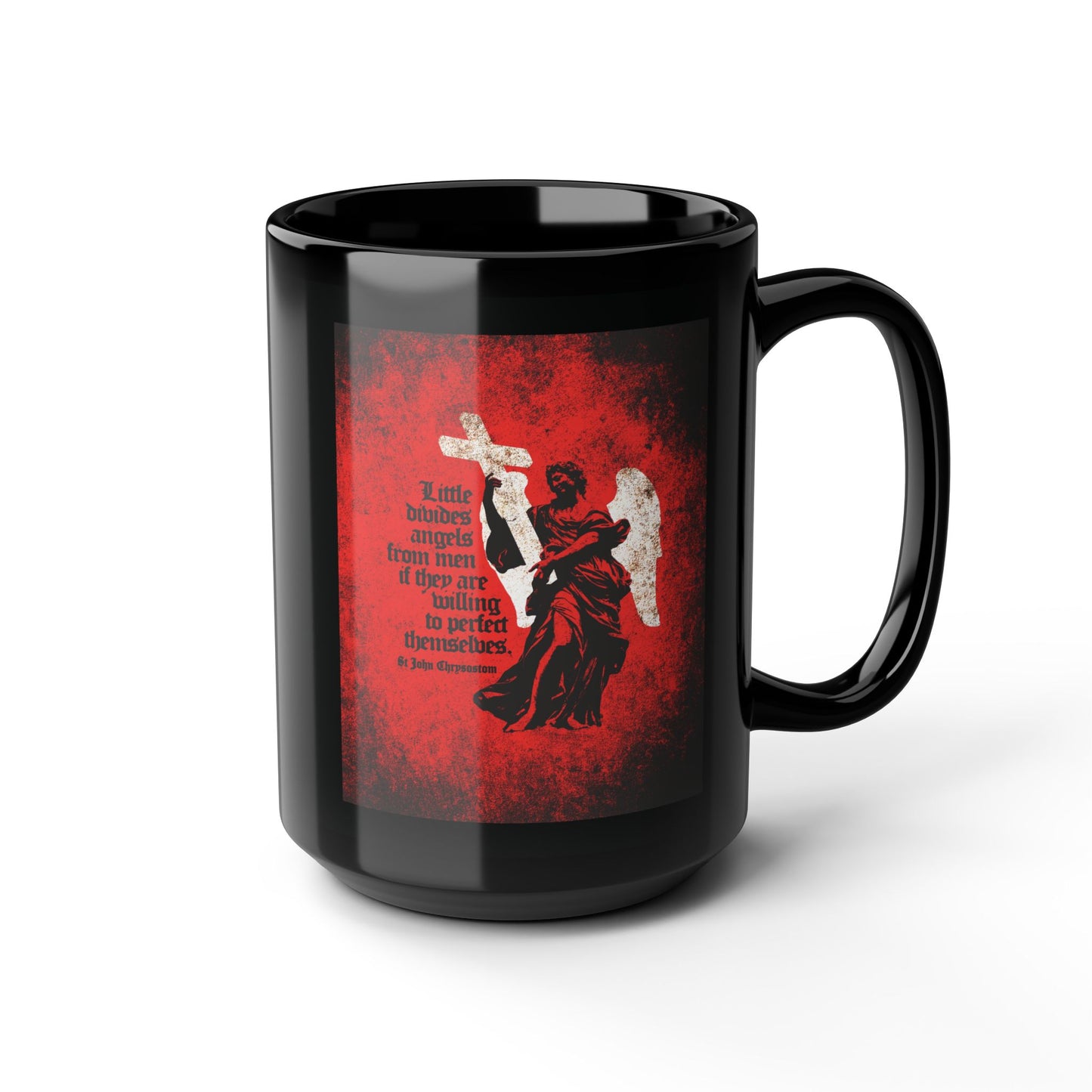 Little Divides Angels from Men | Christian Perfection | St John Chrysostom | Textured Cemetery Angel | Orthodox Christian Black Mug