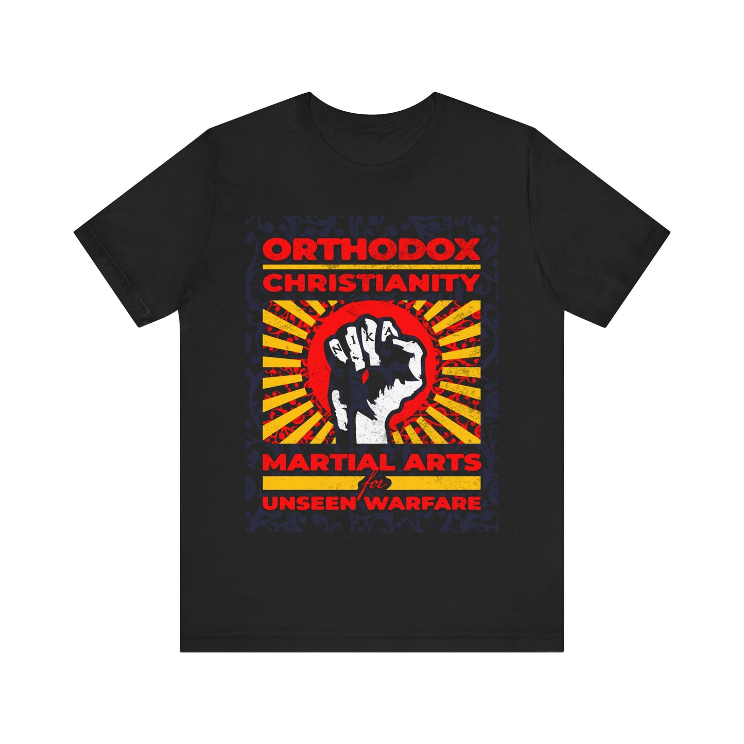 Orthodox Christianity: Martial Arts for Unseen Warfare | NIKA Jesus Fist on Colorful Sunburst Design | Orthodox Christian T-Shirt