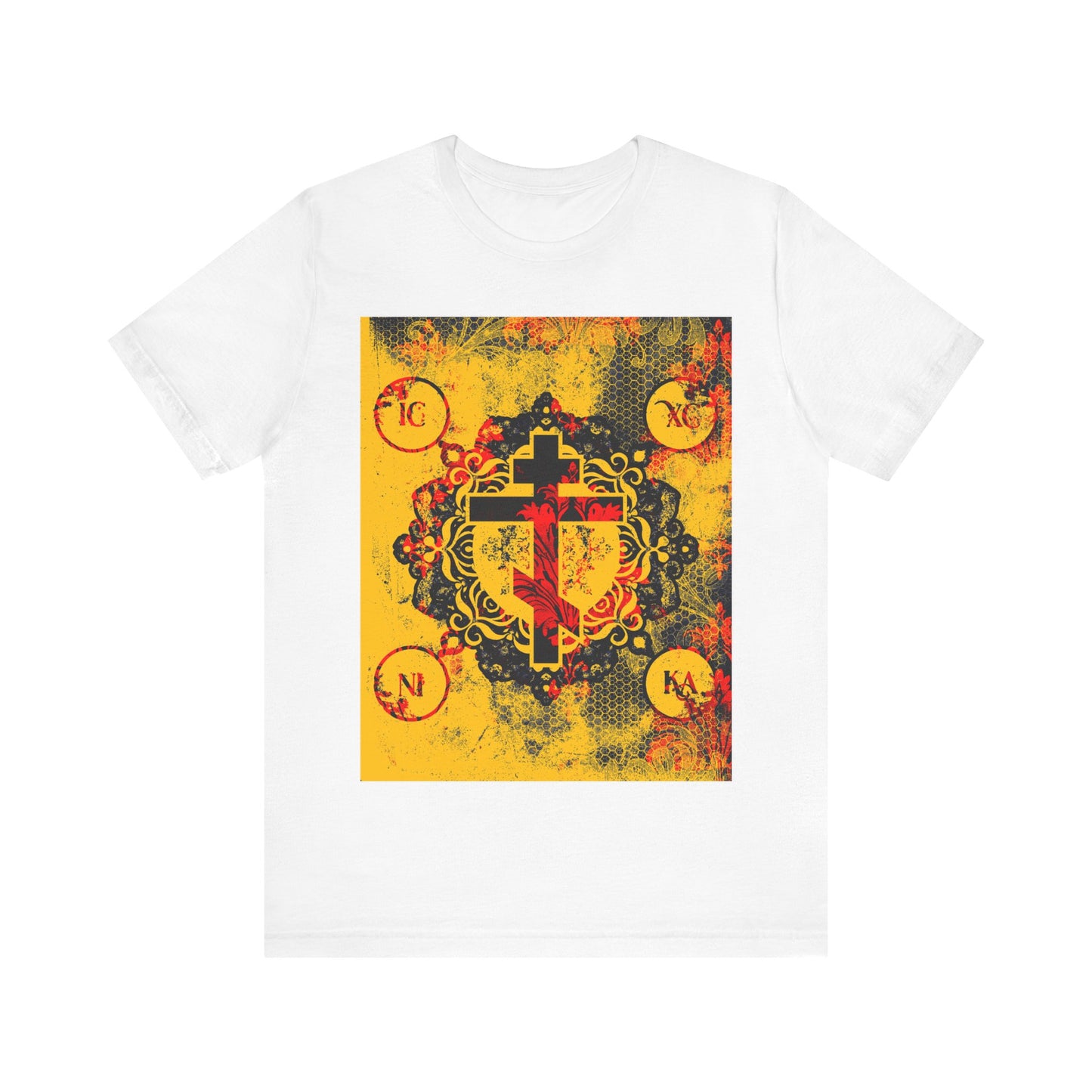 White IC XC NIKA Orthodox Cross t-shirt with a red and black cross on a yellow, modern & medieval floral background—Orthodox Christian design combining textured florals and faith.