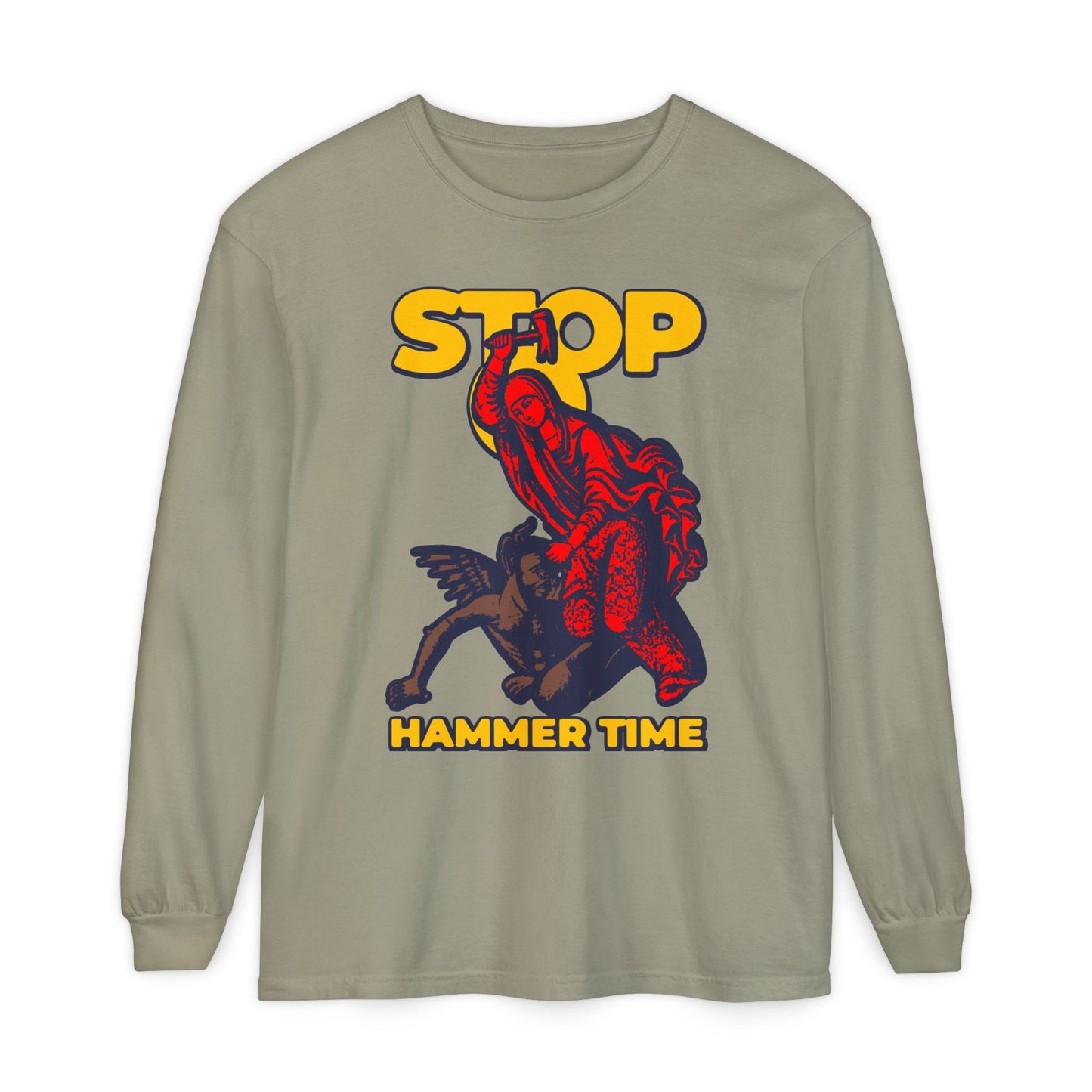 Khaki long-sleeve featuring St Marina of Antioch beating the devil with a hammer and "Stop, Hammer Time" meme in red, blue, and yellow—a modern Orthodox design for Christian humor fans.