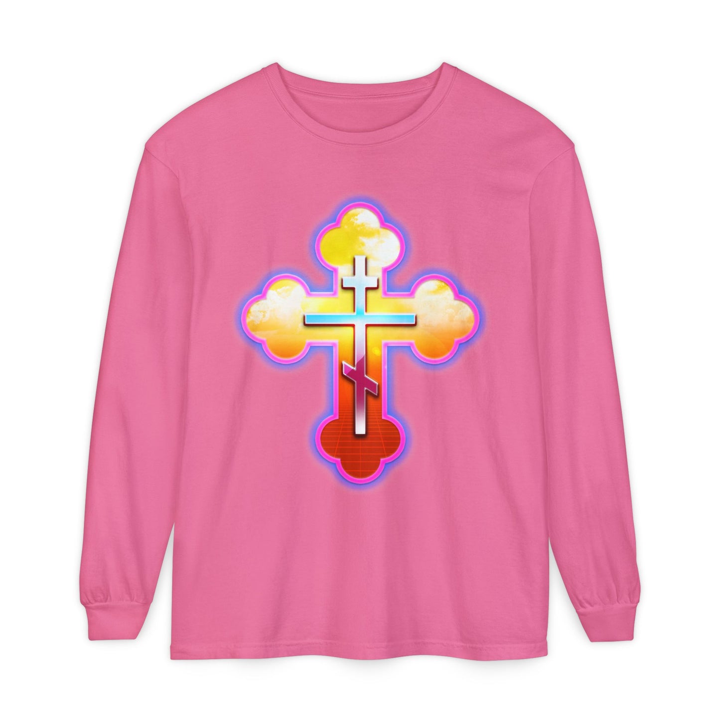 80s Synthwave Retrowave Outrun Aesthetic | Glowing & Reflective Gold & Red Three-Bar Cross | Orthodox Christian Cotton Long Sleeve Shirt