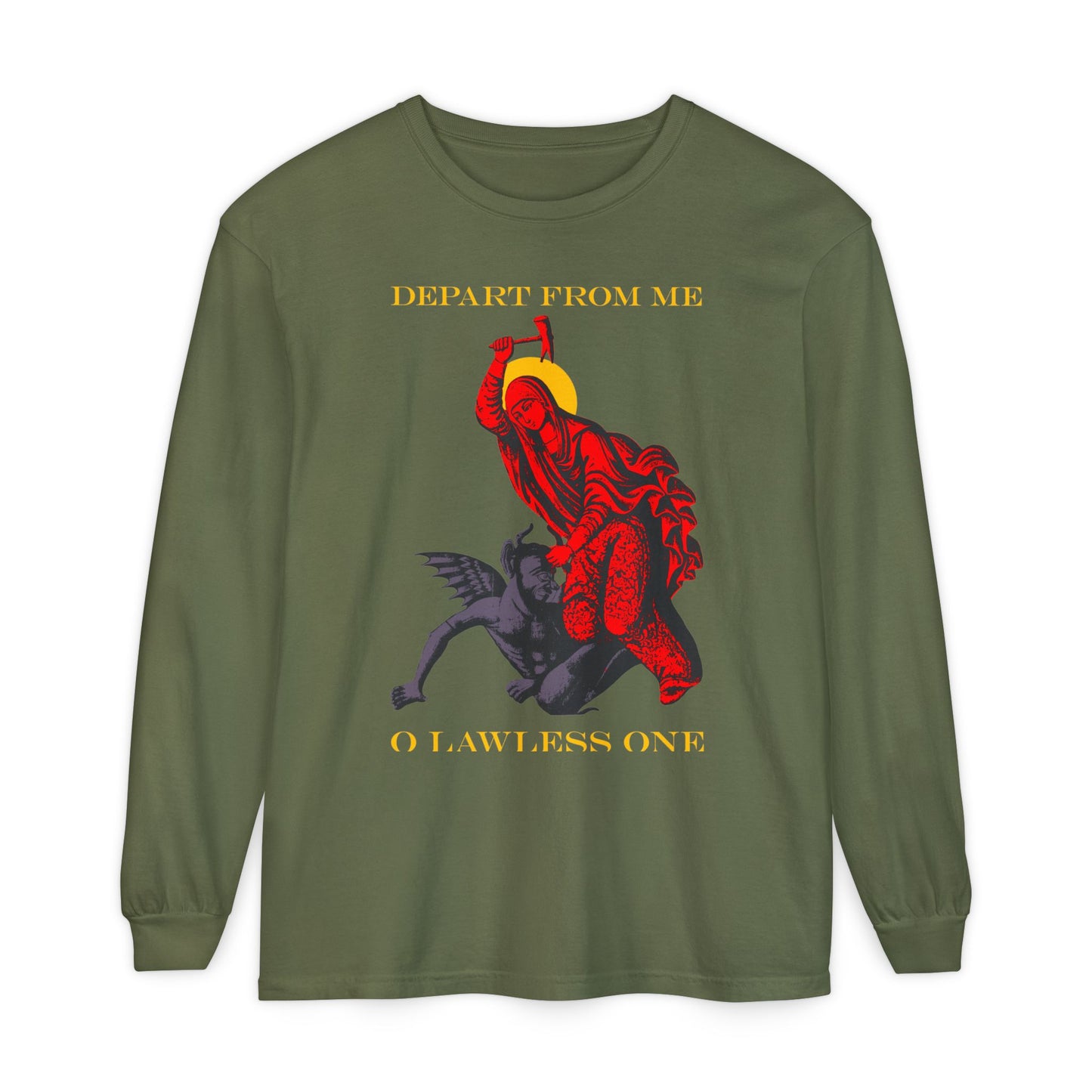 St Marina IconoGraphic (Depart from Me O Lawless One) | Saint Beating the Devil with a Hammer | Orthodox Christian Cotton Long Sleeve Shirt