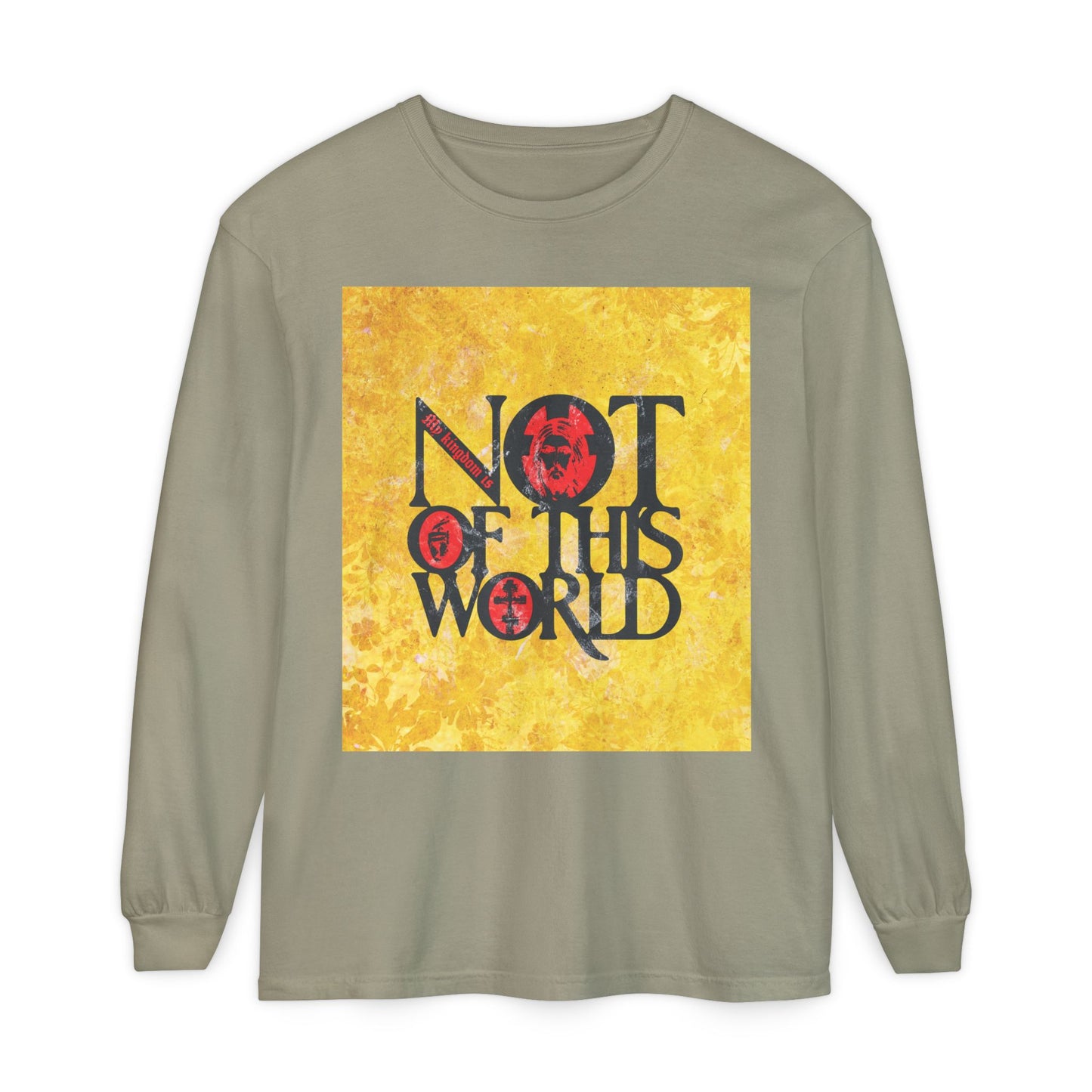My Kingdom is Not of This World (John 18:36) | Bold Red, Yellow & Black Textured Design with Icon Motifs | Orthodox Christian Long Sleeve Shirt