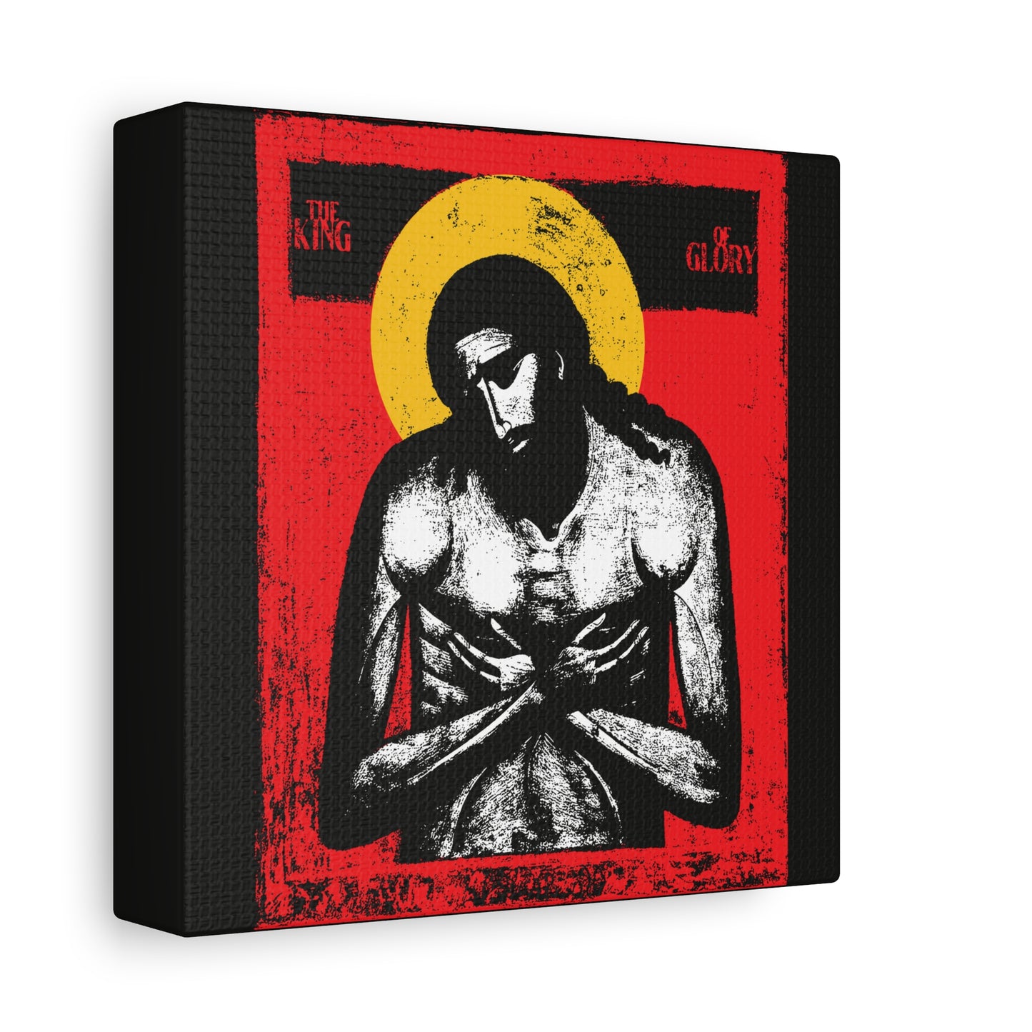 Striking icon-style art of Jesus Christ from "The King of Glory Jesus Christ 'Extreme Humility' IconoGraphic," featuring a yellow halo on red, with devotional text—powerful Christian wall art in red, yellow, white, and black, inspired by Isaiah 53 themes.