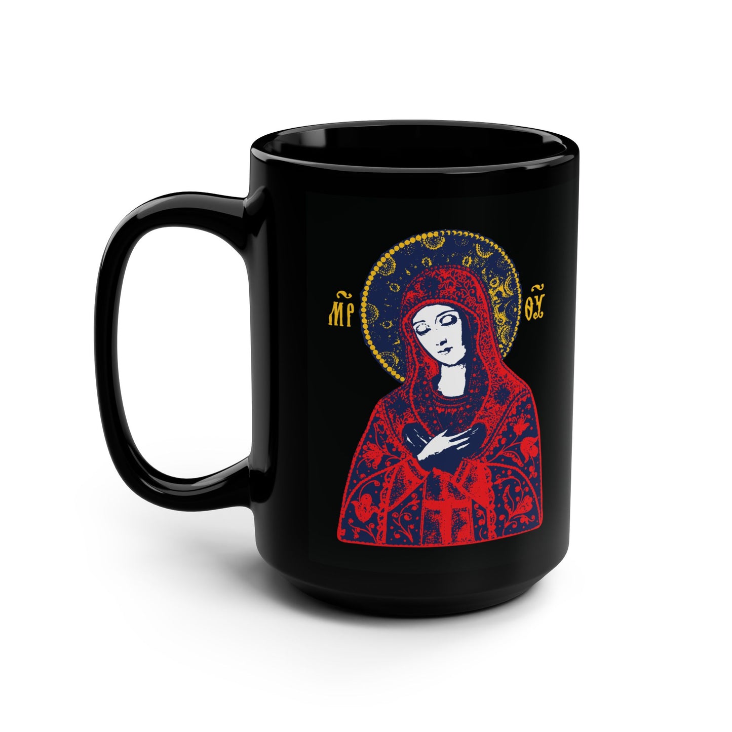 Joy of All Joys Tenderness Theotokos Iconographic Based on Traditional Orthodox Iconography | Red Design | Orthodox Christian Black Mug