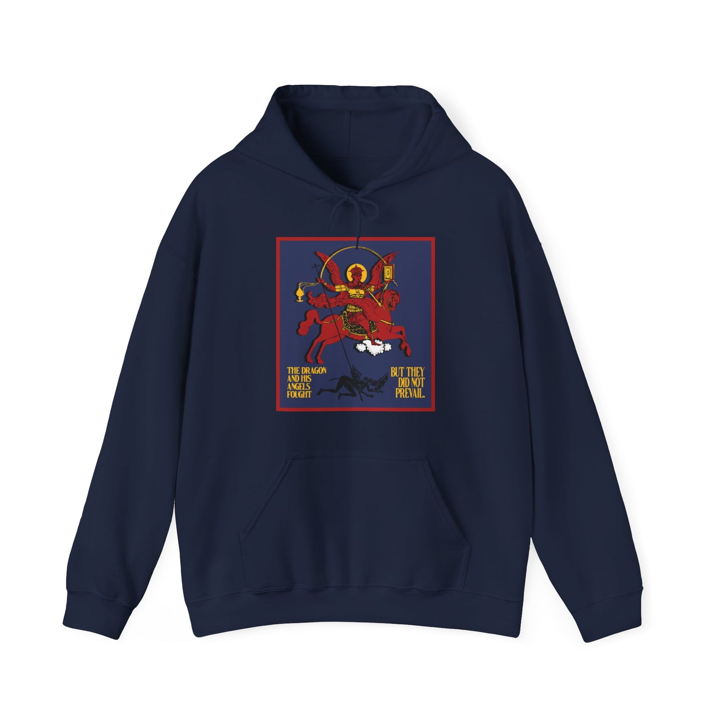 Archangel Michael of the Apocalypse IconoGraphic (Revelation 12:7-8) | Red Angel and Horse on Blue Background | Orthodox Christian Hoodie
