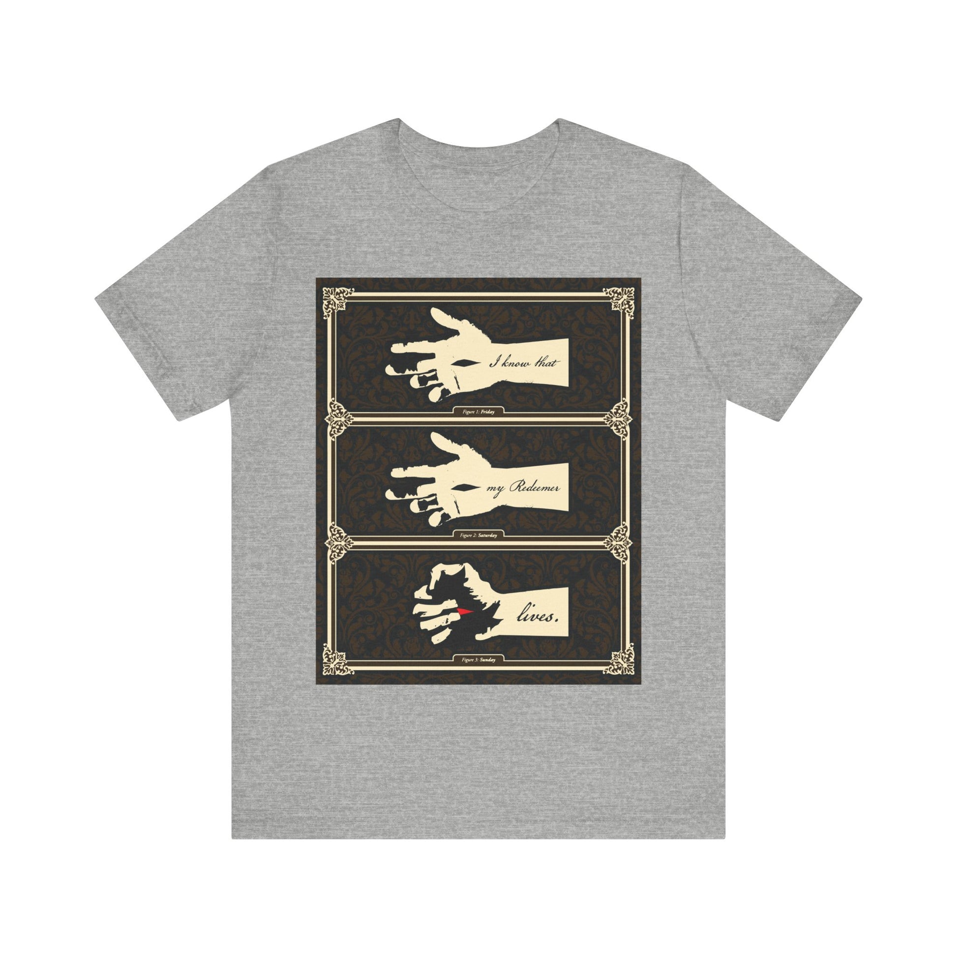 Athletic Heather t-shirt featuring earthtone Americana art: the crucified Christ’s hand in ornate frames with “I Know That My Redeemer Lives” (Job 19:25). A tribute to resurrection and enduring faith in Orthodox Christian tradition.