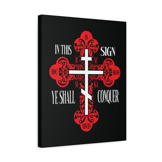 A red ornate Orthodox cross with a white sword and "In This Sign Ye Shall Conquer" on black, inspired by the ICXC NIKA symbol. Perfect Christian wall art for spiritual victory—Jesus Christ conquers.