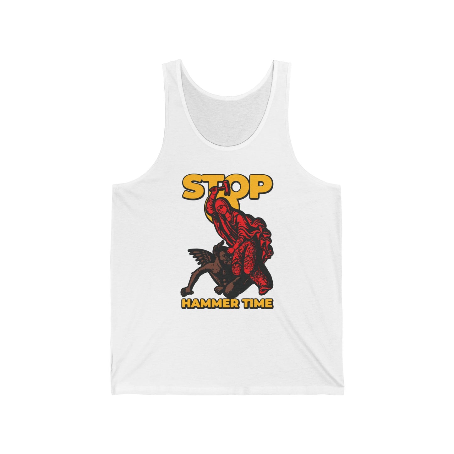 White tank top with a red monster, wolf, and "STOP HAMMER TIME" text in yellow and brown, inspired by Saint Marina of Antioch. Modern Orthodox meme design in red, blue, and yellow.
