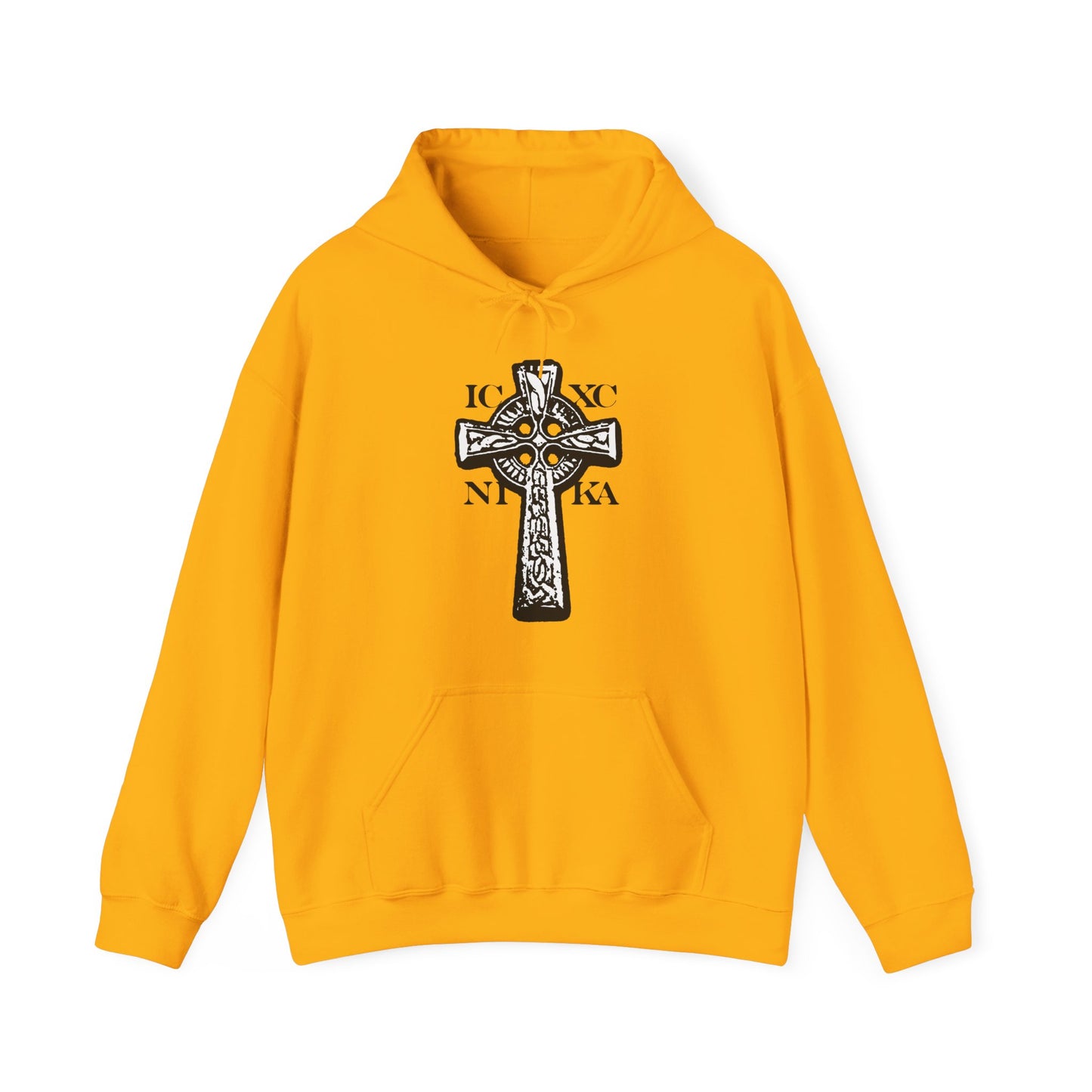 Gold hoodie with a black and white Celtic knotwork cross and Greek ICXC NIKA letters on a red background, symbolizing “Jesus Christ Conquers.” Traditional Orthodox Christian design.