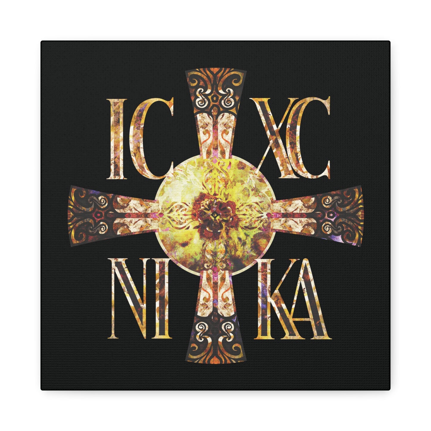 ICXC NIKA Celtic Style Equal Armed Cross | Bright Solar Texture | Orthodox Christian Canvas Art