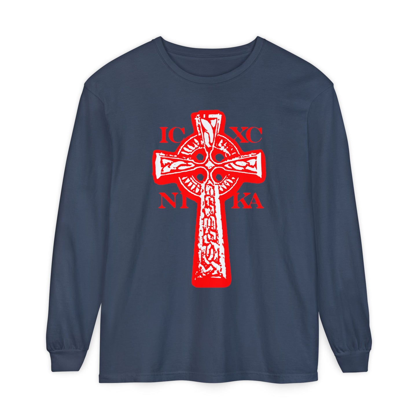 Midnight long sleeve featuring the ICXC NIKA Celtic Knotwork Cross in black and white on a red background—symbolizing Jesus Christ's victory. Traditional Orthodox Christian design expressing salvation and faith.