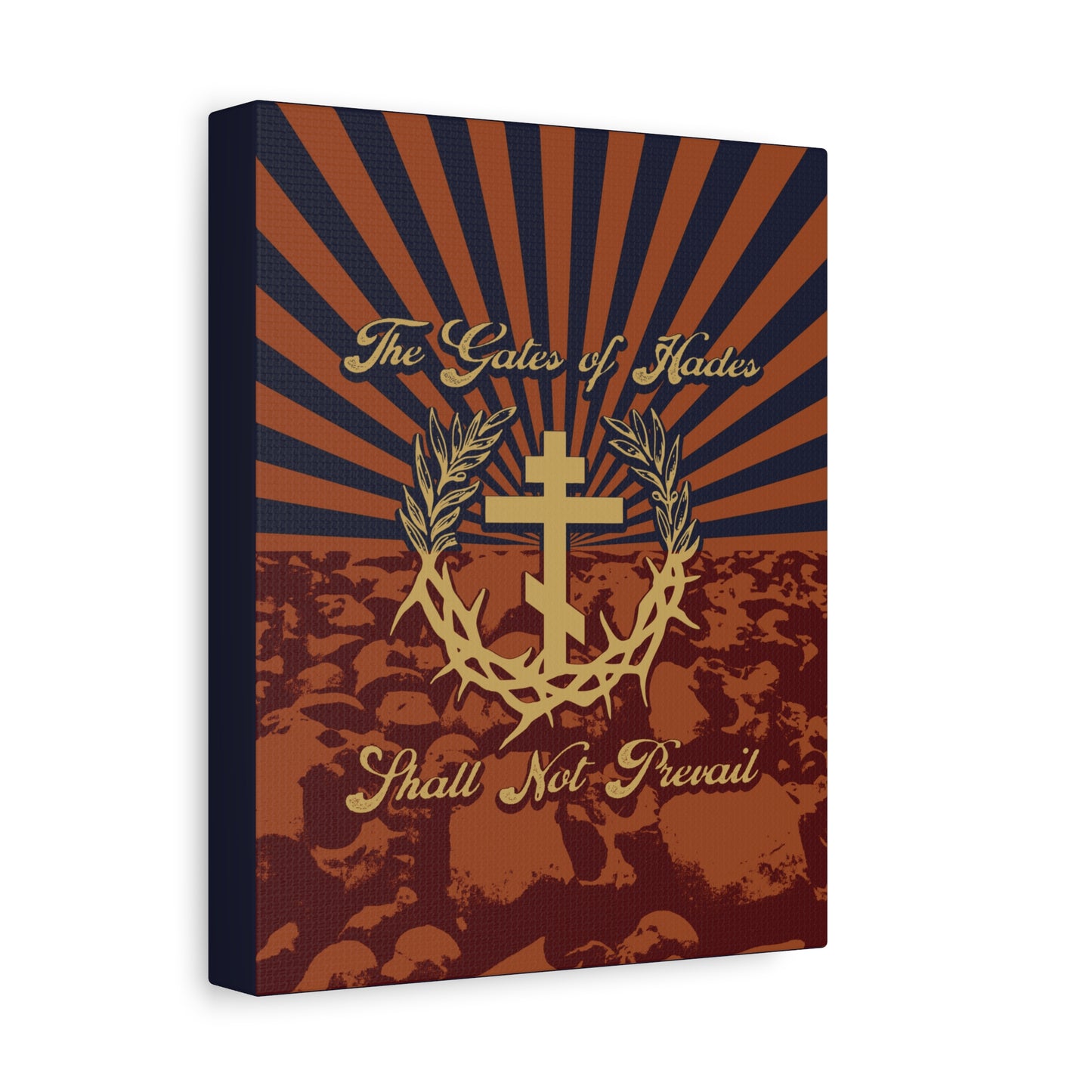 The Gates of Hades Shall Not Prevail | Cross with Wreath & Crown of Thorns | Skulls and Rays | Orthodox Christian Canvas Art