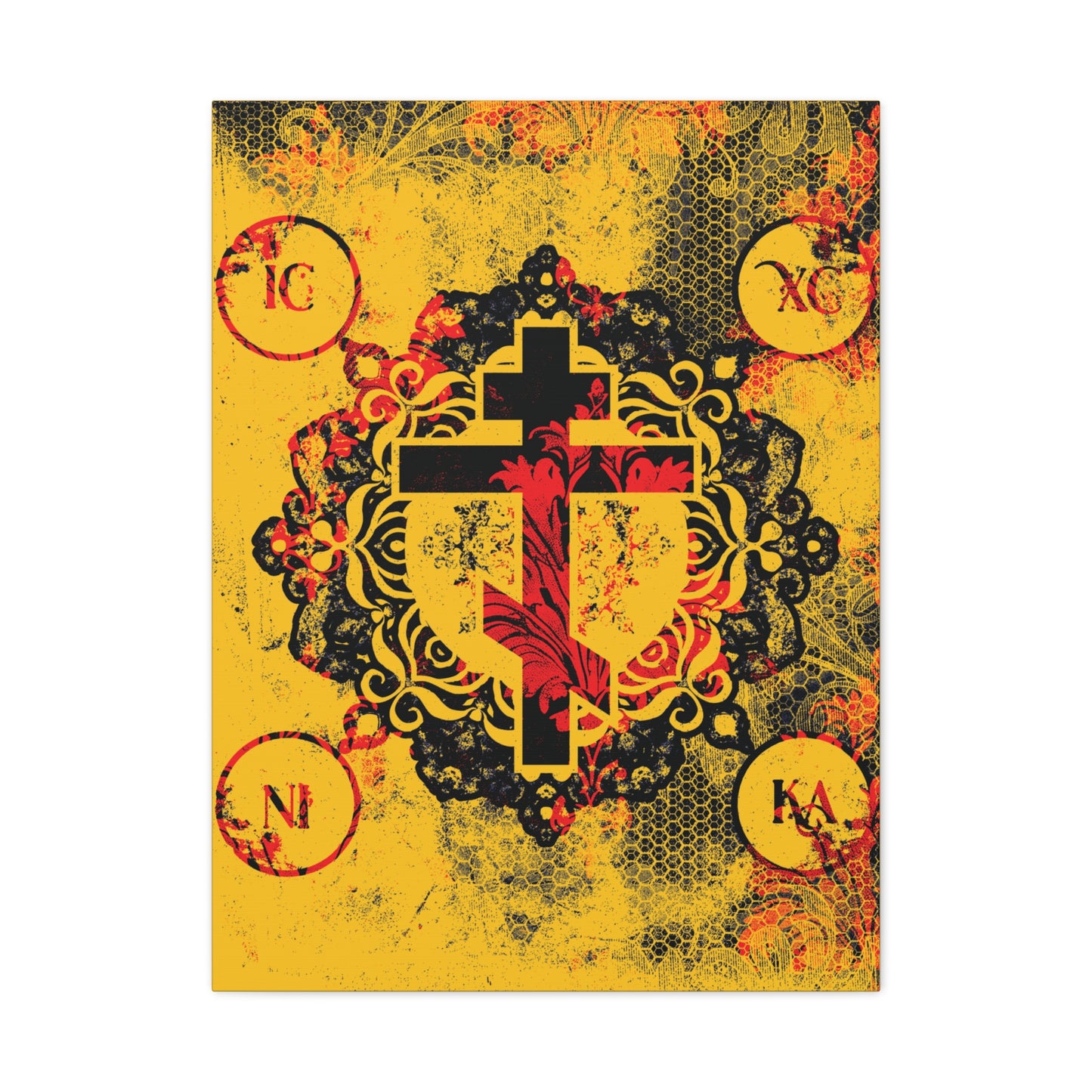 IC XC NIKA Orthodox Cross | Yellow & Red Modern & Medieval Textured Floral Design | Orthodox Christian Canvas Art