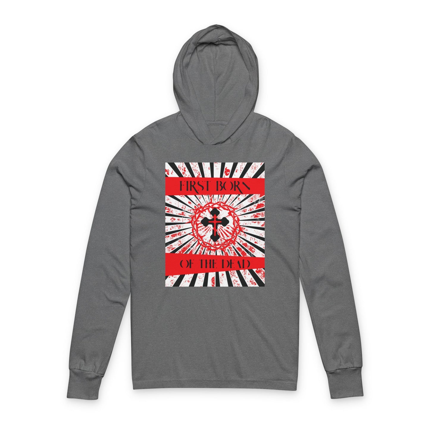 First Born of the Dead | Orthodox Cross and Crown of Thorns | Red White & Black Design with Rays | Orthodox Long Sleeve Hooded Shirt