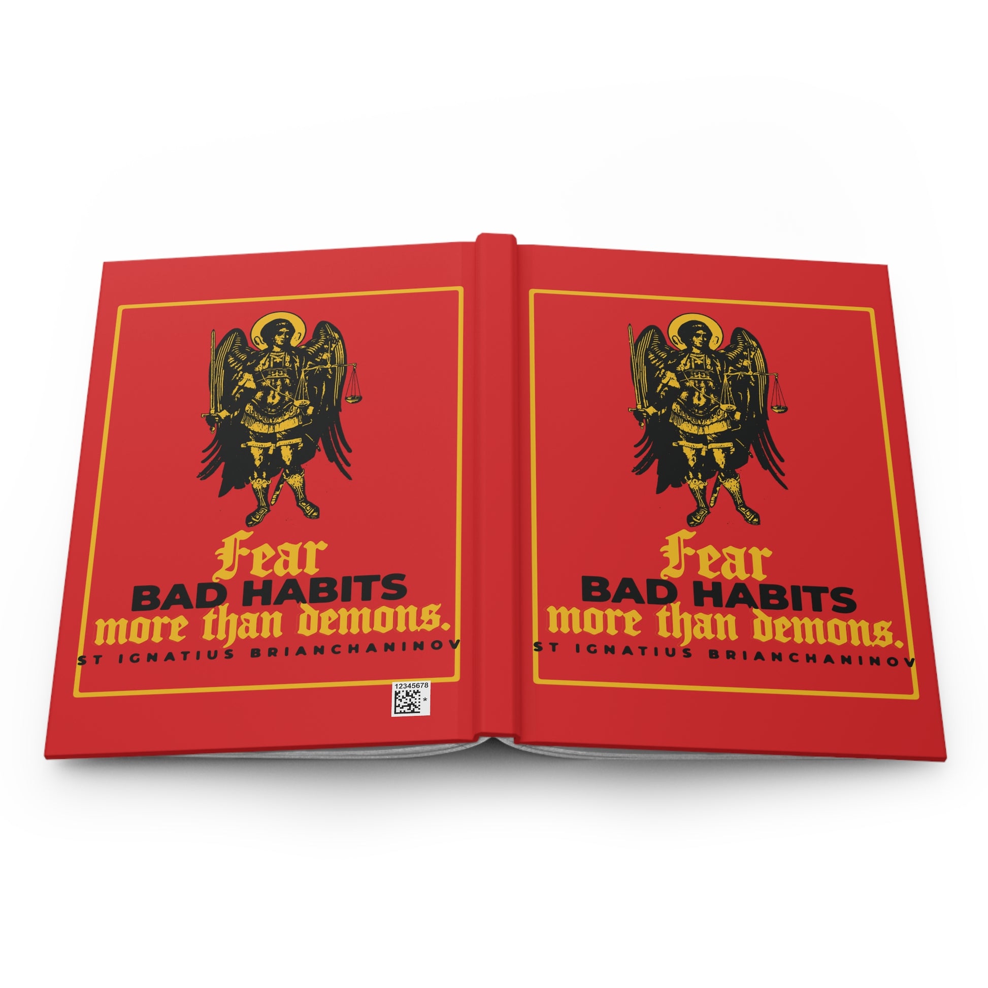 Red hardcover journal, "Fear Bad Habits More Than Demons (St Ignatius Brianchaninov) No. 1"—an Orthodox Christian accessory featuring gold and black angel artwork, inspired by St Ignatius’s spiritual wisdom.