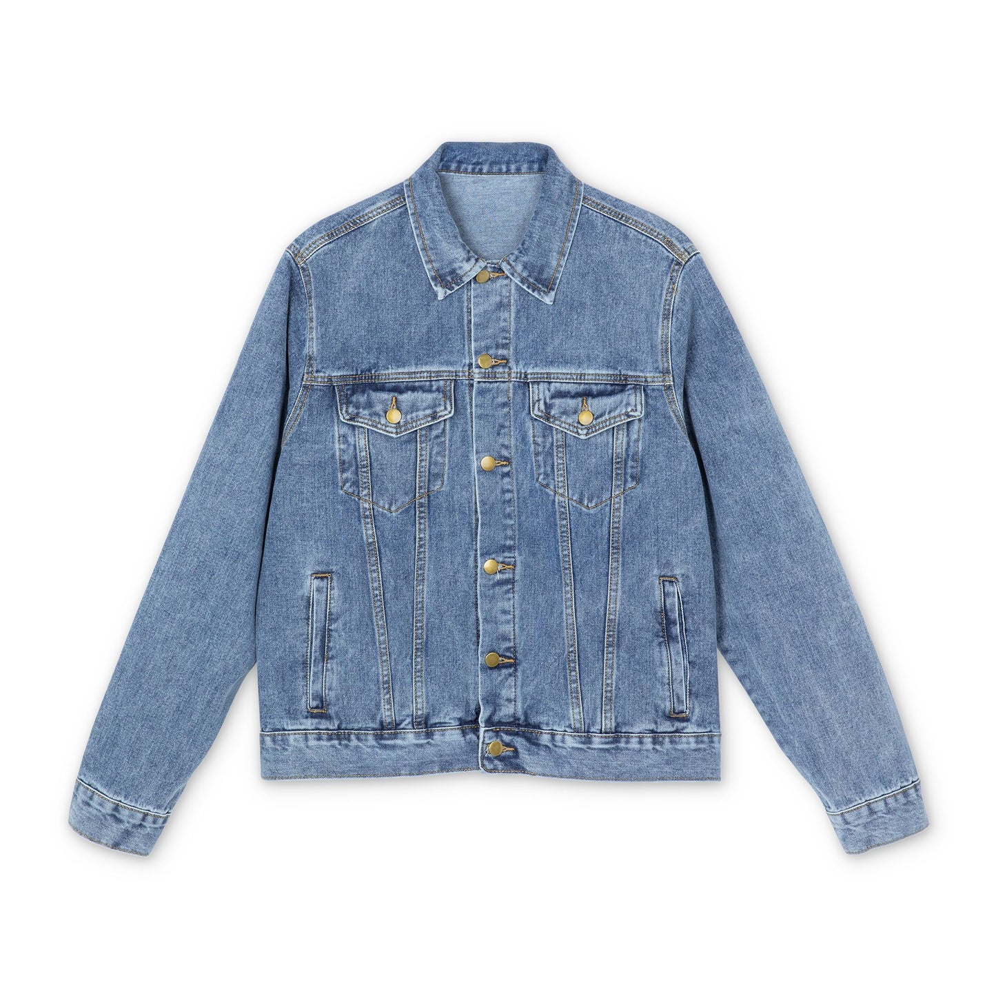 Modernist minimalist denim jacket in light blue with gold buttons and chest pockets, inspired by Luke 1:32-33 and the Orthodox Cross—"Whose Kingdom Shall Have No End," a classic Christian statement piece.